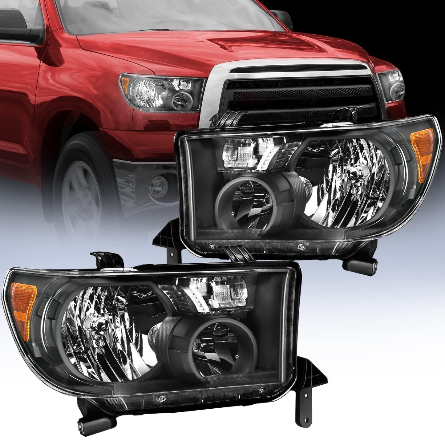 Nilight Headlight Assembly for 2007 2008 2009 2010 2011 2012 2013 Toyota Tundra 2008-2017 Sequoia Headlamps Replacement Chrome Housing Amber Reflector Driver and Passenger Side, 2 Years Warranty