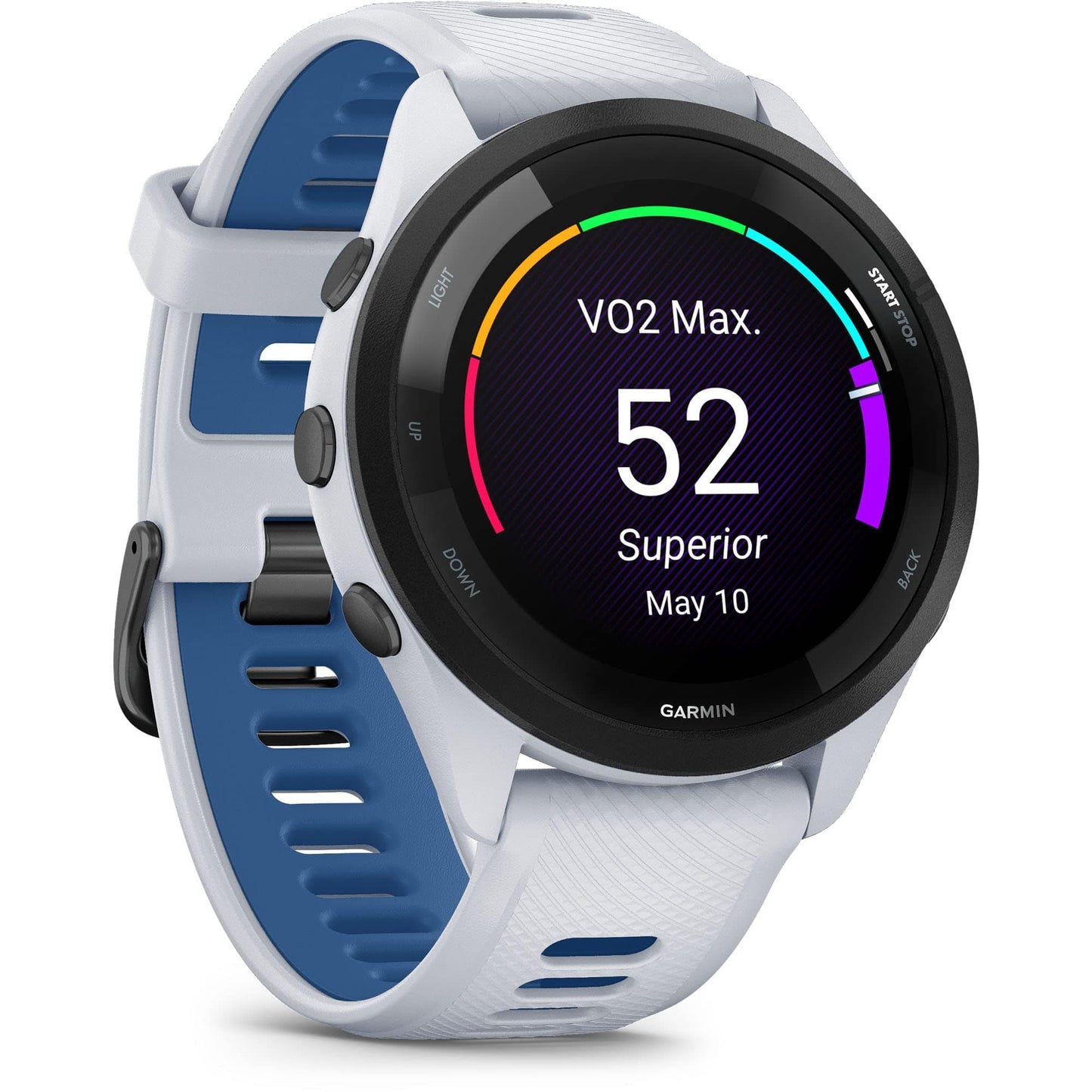 Reloj inteligente para correr Garmin Forerunner 265, pantalla AMOLED colorida, métricas de entrenamiento e información de recuperación, Whitestone y Tidal Blue 