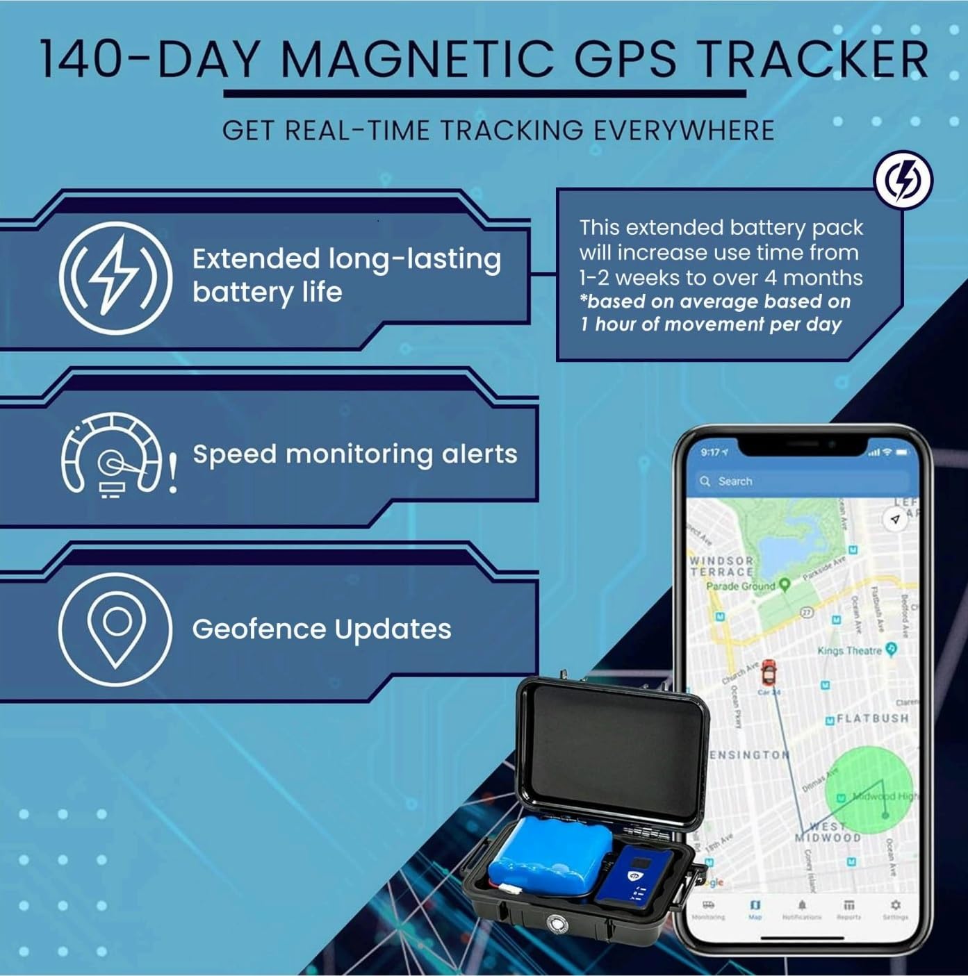 Brickhouse Security GPS Car Tracker – Tracker caché pour véhicules – Batterie longue durée, dispositif de suivi GPS LTE 140 jours pour véhicules avec boîtier magnétique et batterie étendue – Abonnement requis 