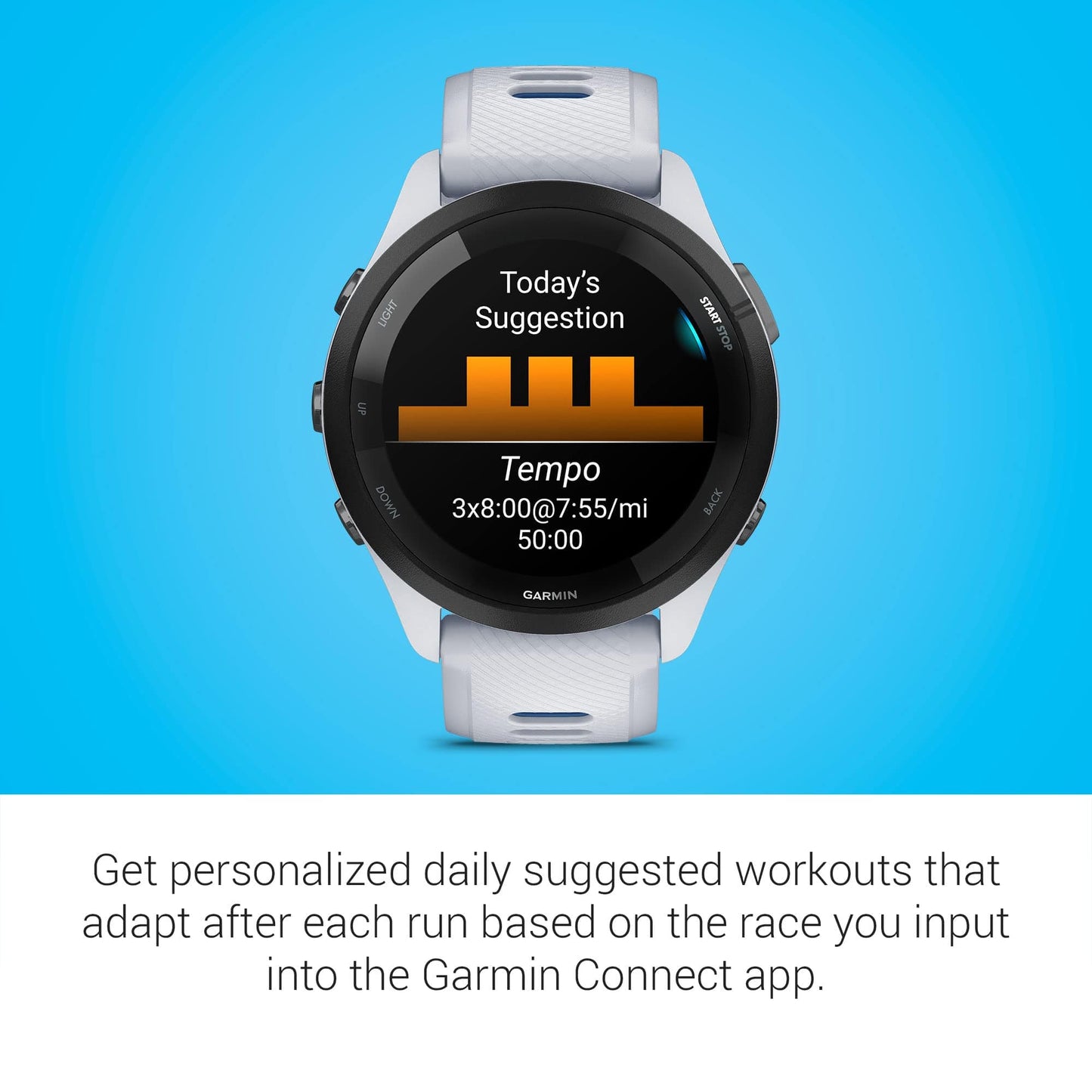 Reloj inteligente para correr Garmin Forerunner 265, pantalla AMOLED colorida, métricas de entrenamiento e información de recuperación, Whitestone y Tidal Blue 