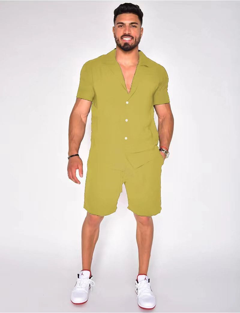 Traje corto de manga corta de color sólido de lino y algodón con solapa de verano para hombre