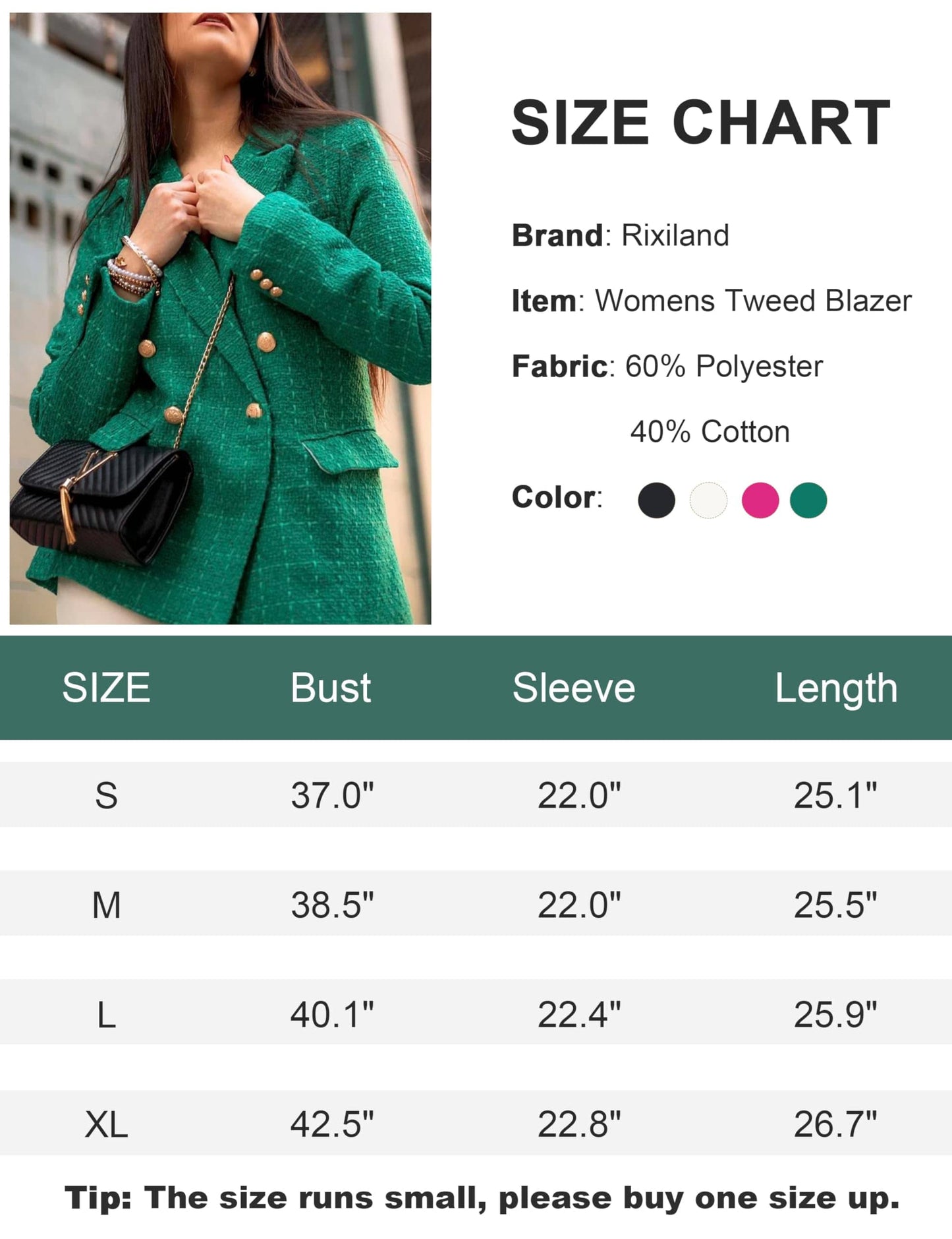 Rixiland Tweed Blazers Jackets for Women Double Breasted Lapel Long Sleeve Office Casual Blazer