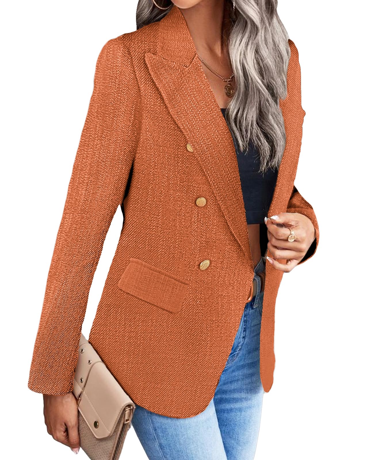 Womens Casual Blazer 2024 Spring Open Front Business Work Tweed Plaid Jacket Suit Pocket (S-XXL)