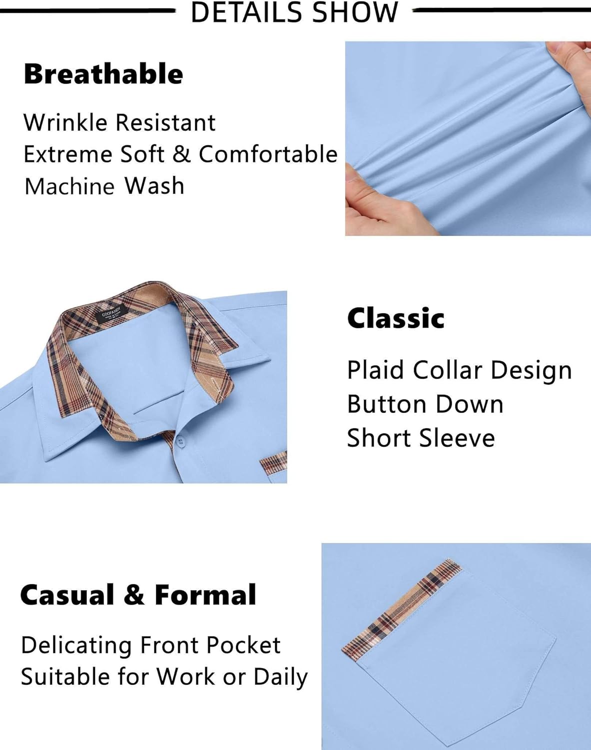 COOFANDY Mens Short Sleeve Dress Shirts Casual Wrinkle Free Shirt Plaid Collar Summer Button Down Shirts