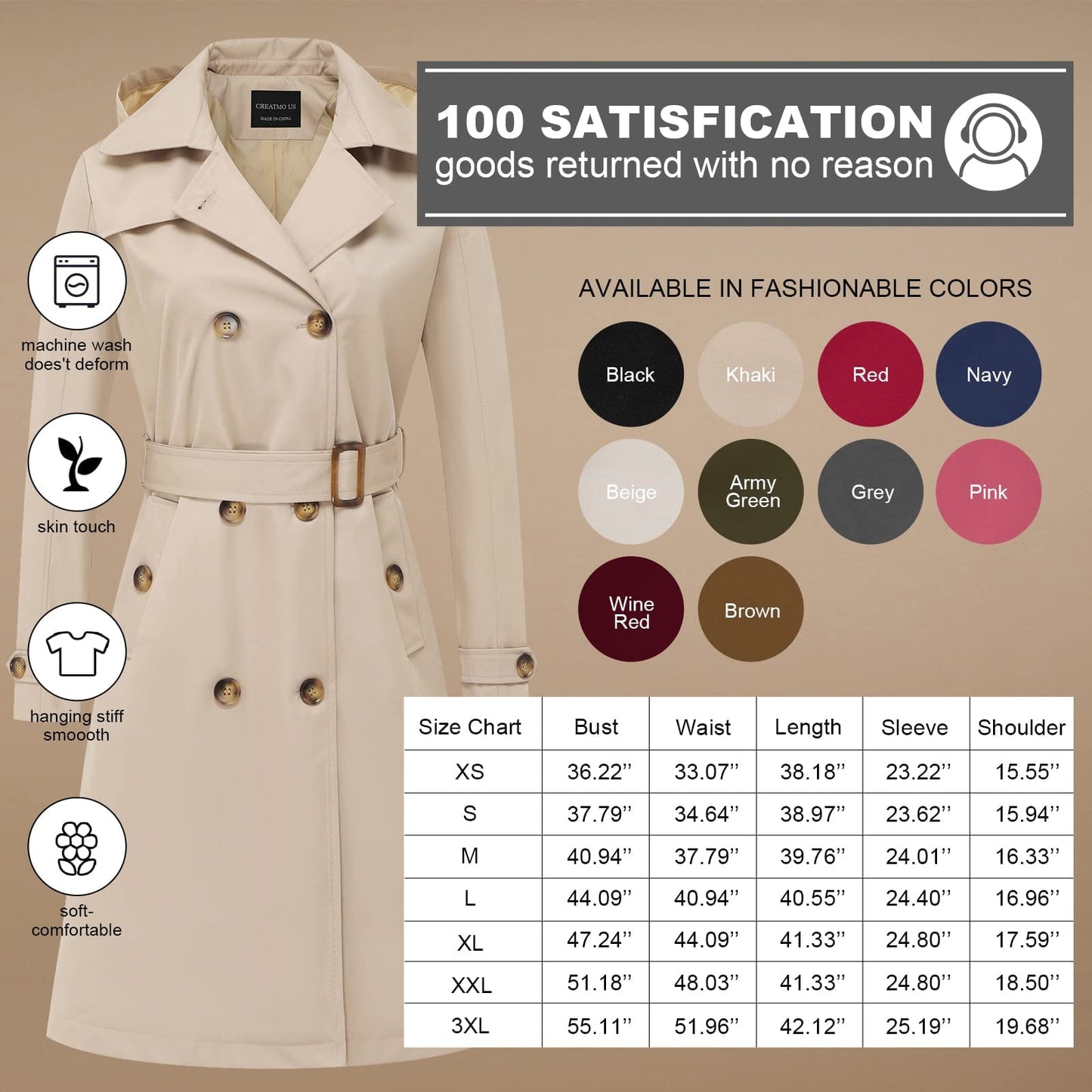 CREATMO US Women's Long Trench Coat Double-Breasted Classic Lapel Overcoat Belted Slim Outerwear Coat with Detachable Hood