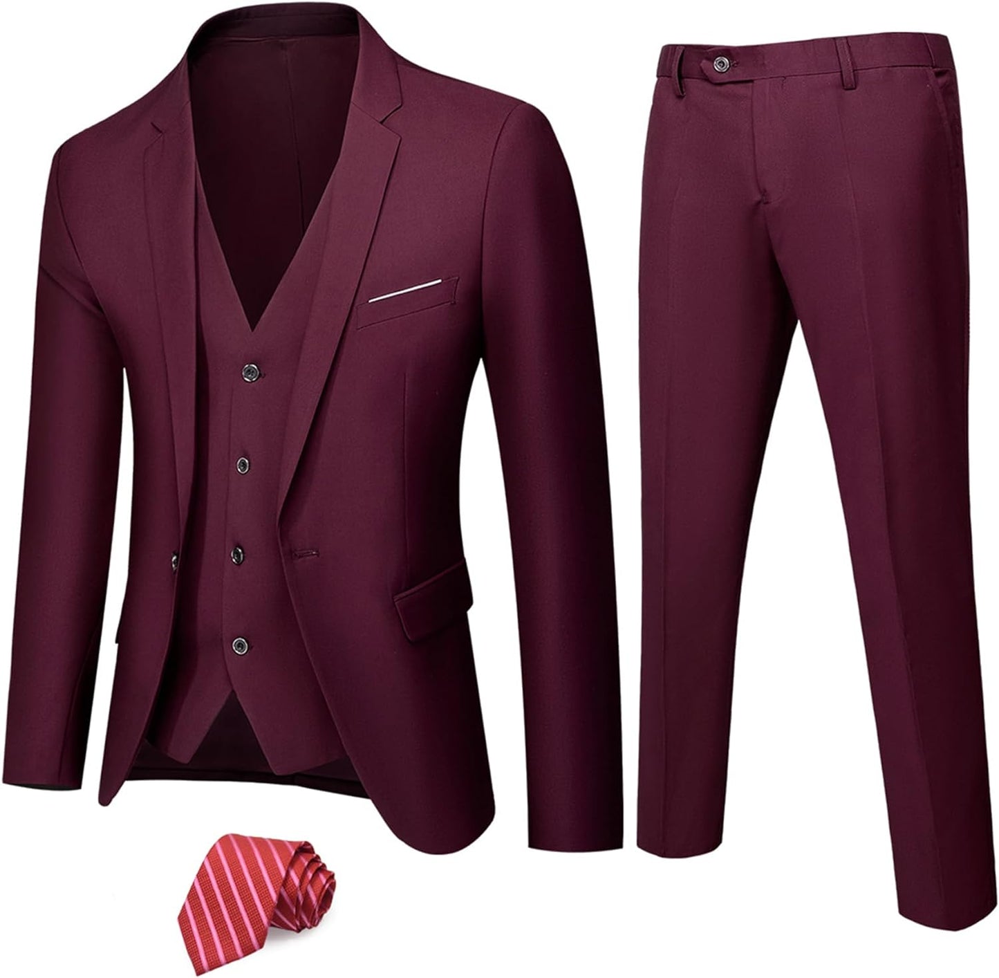 MY'S Men's 3 Piece Solid Suit Set, One Button Slim Fit Jacket Vest Pants with Tie