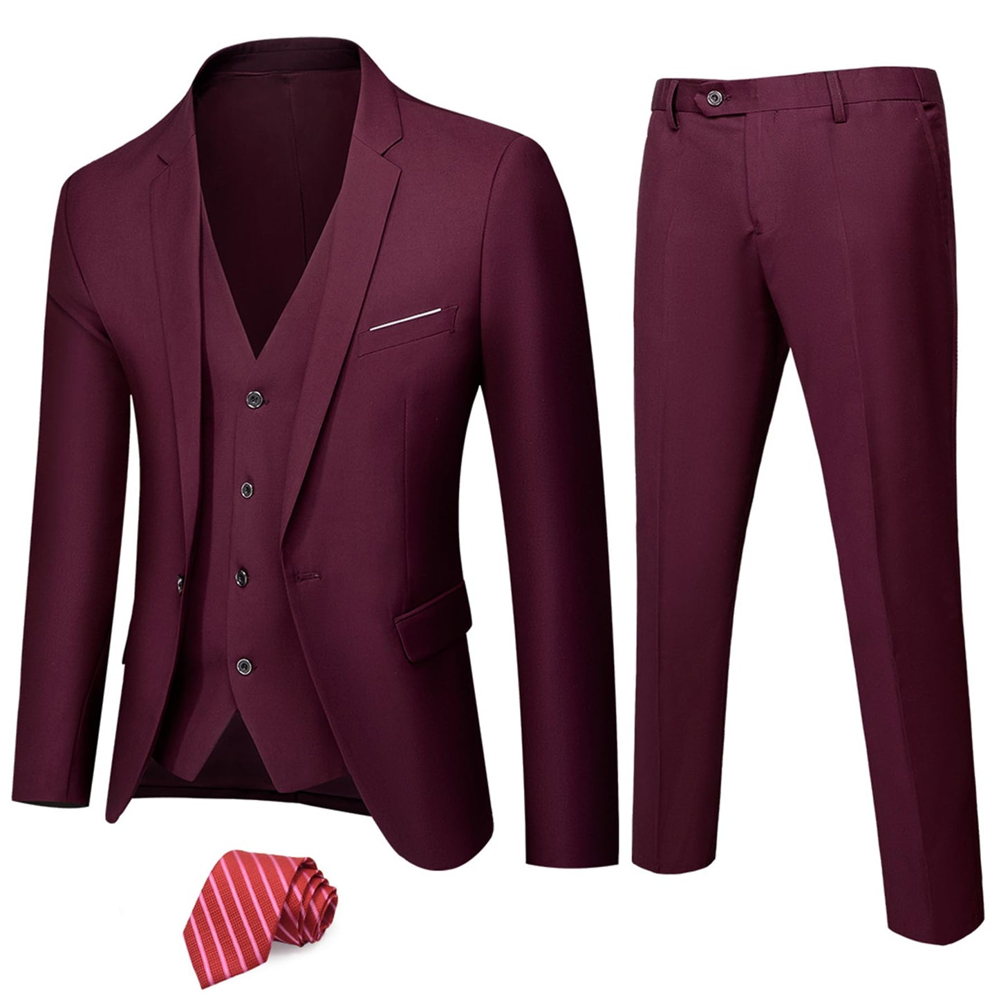 MY'S Men's 3 Piece Solid Suit Set, One Button Slim Fit Jacket Vest Pants with Tie