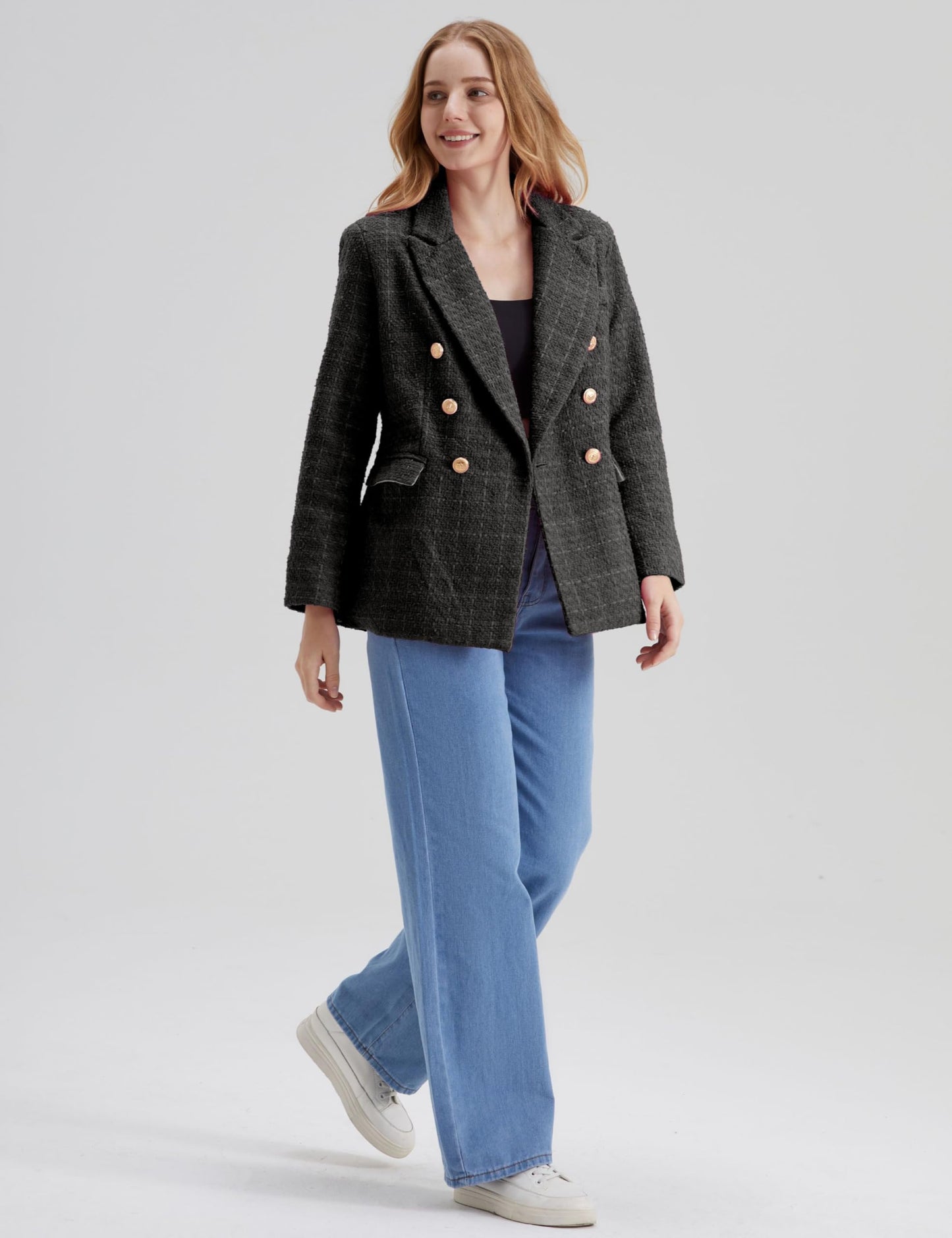 Rixiland Tweed Blazers Vestes pour Femmes Double Boutonnage Revers Manches Longues Bureau Jolie Blazer 