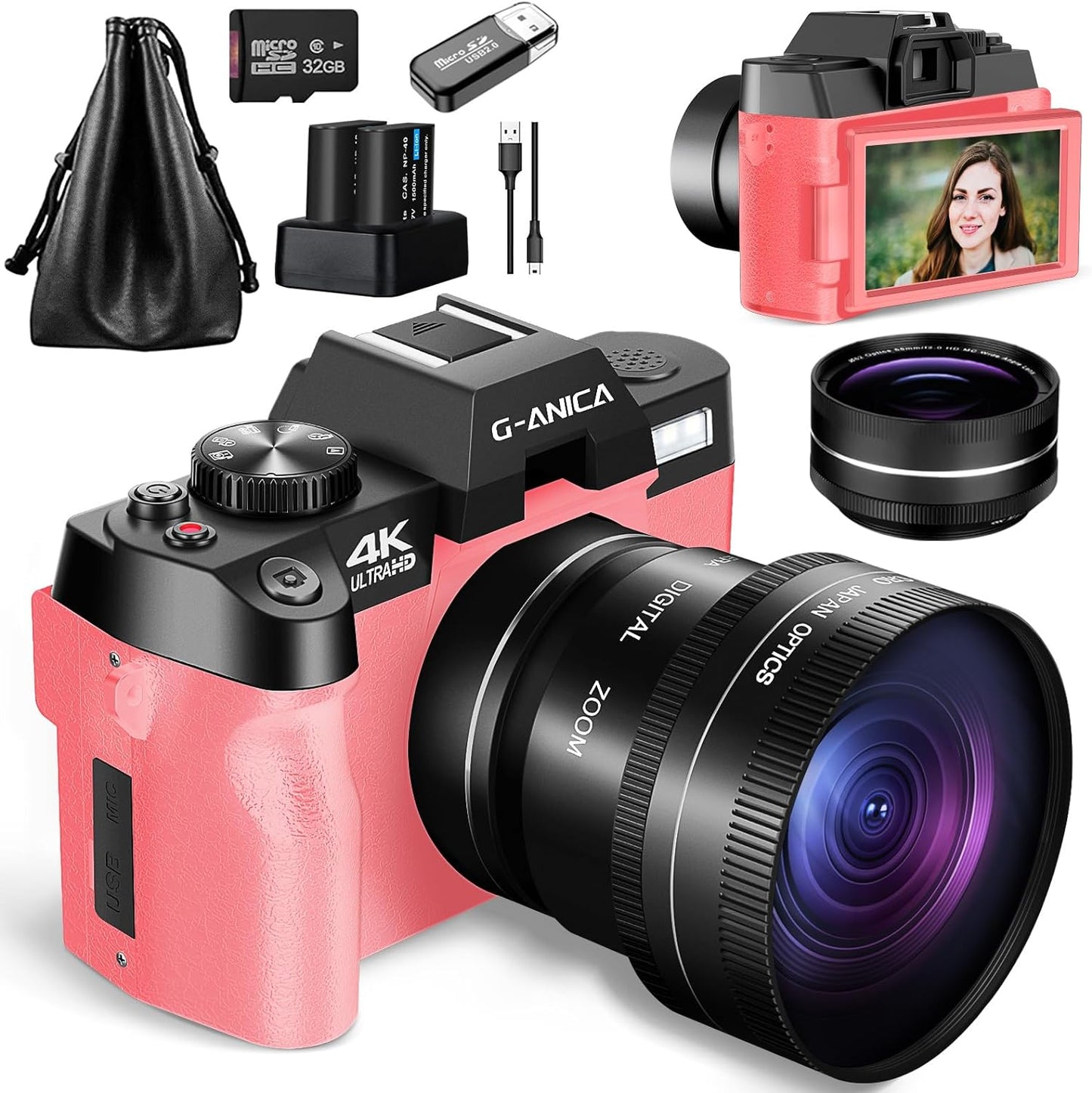 G-Anica 4K Digital Cameras for Photography，48MP/60FPS Video Camera for Vlogging, WiFi & App Control Vlogging Camera for YouTube, Small Camera with 32GB TF Card.Wide-Angle & Macro Lens Xpress