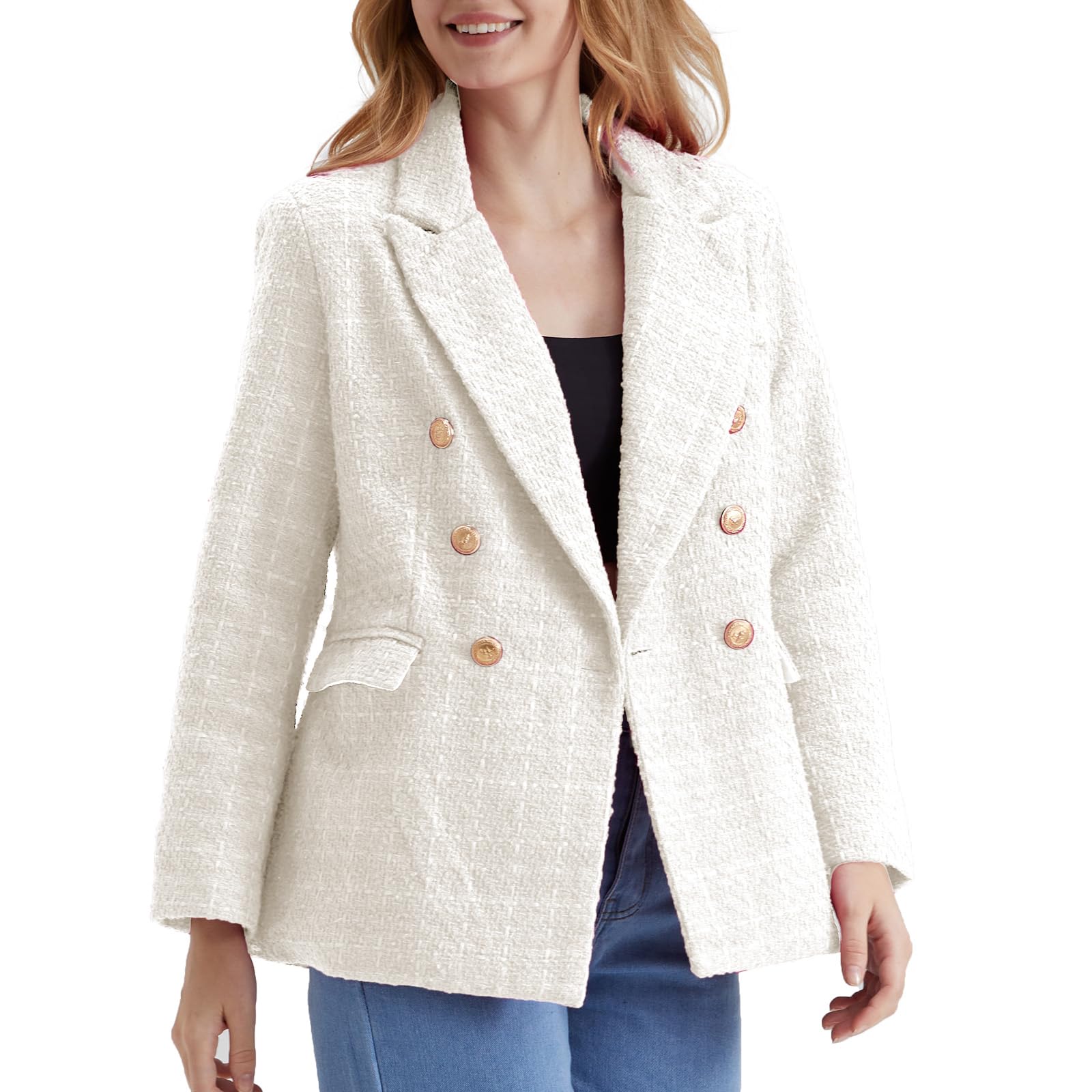 Rixiland Tweed Blazers Vestes pour Femmes Double Boutonnage Revers Manches Longues Bureau Jolie Blazer 