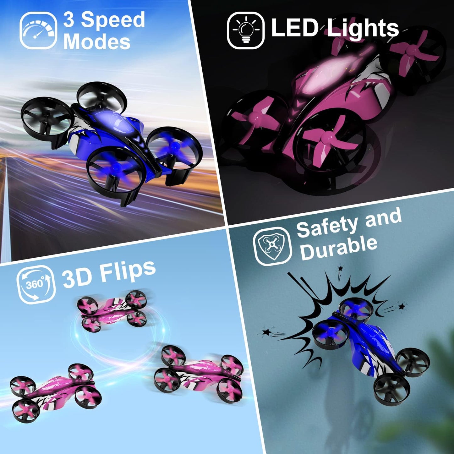 Mini drones 2 en 1 para niños con control remoto, modo tierra o modo vuelo, luces LED, desplazamiento automático, giro 3D, modo sin cabeza y 2 baterías, juguetes regalos para niños y niñas (rosa puerto) 