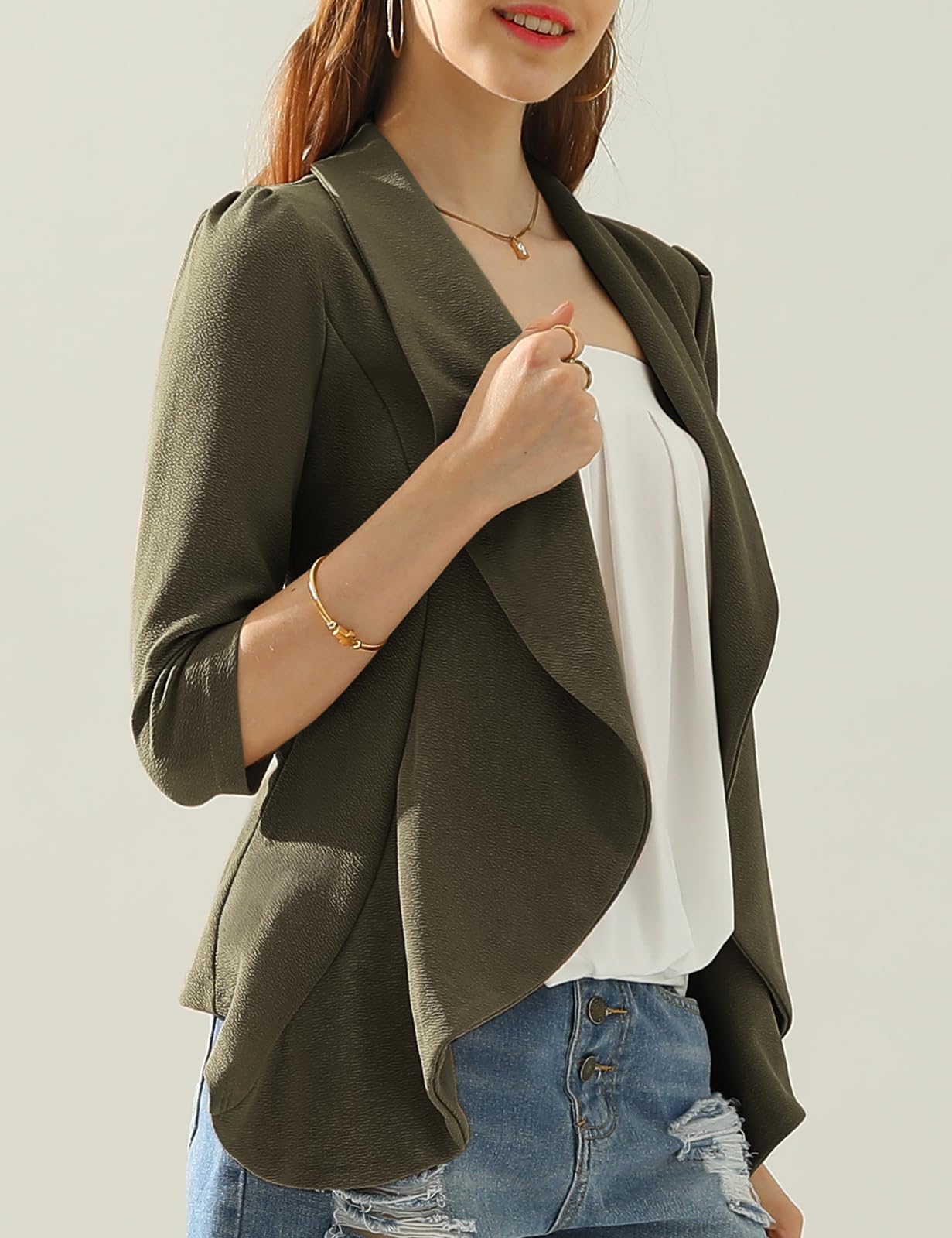 DOUBLJU Blazer léger et fin à manches 3/4 ouvert sur le devant - Veste déconstruite décontractée pour femme - Vêtements de grande taille 