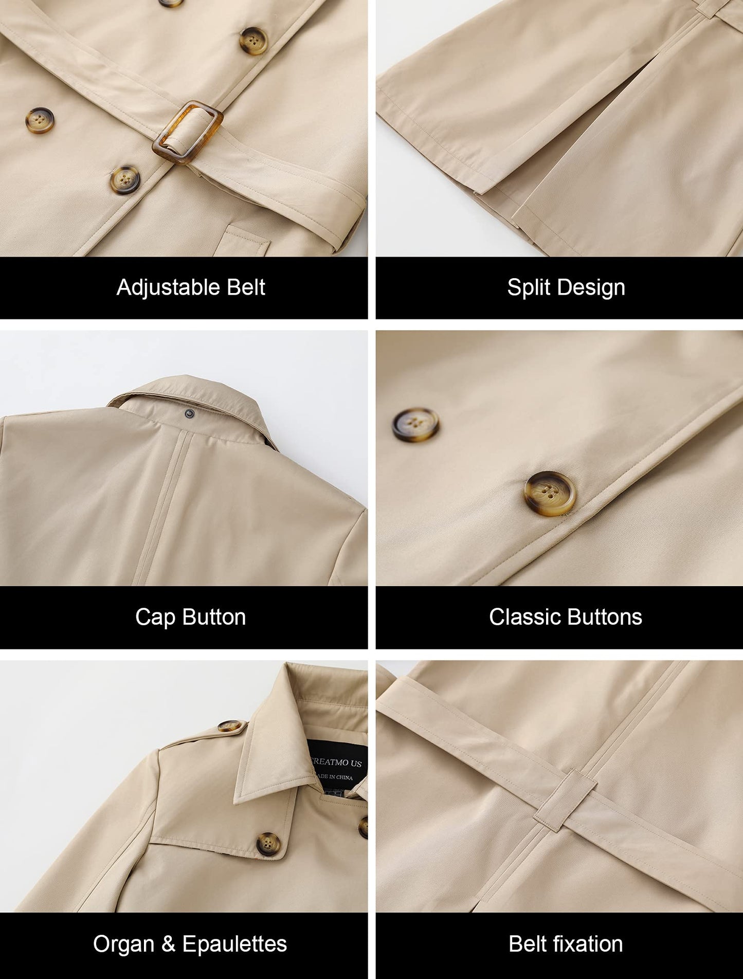 CREATMO US Trench Long Femme Double Boutonnage Classique Revers Pardessus Ceinturé Mince Manteau d'extérieur avec Capuche Amovible