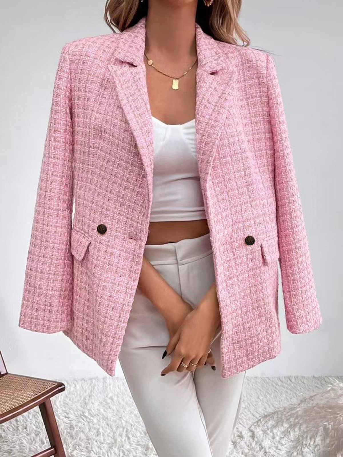 chouyatou Women's Double Breasted Tweed Blazer Jacket Business Casual Dressy Blazer Office Work Suits