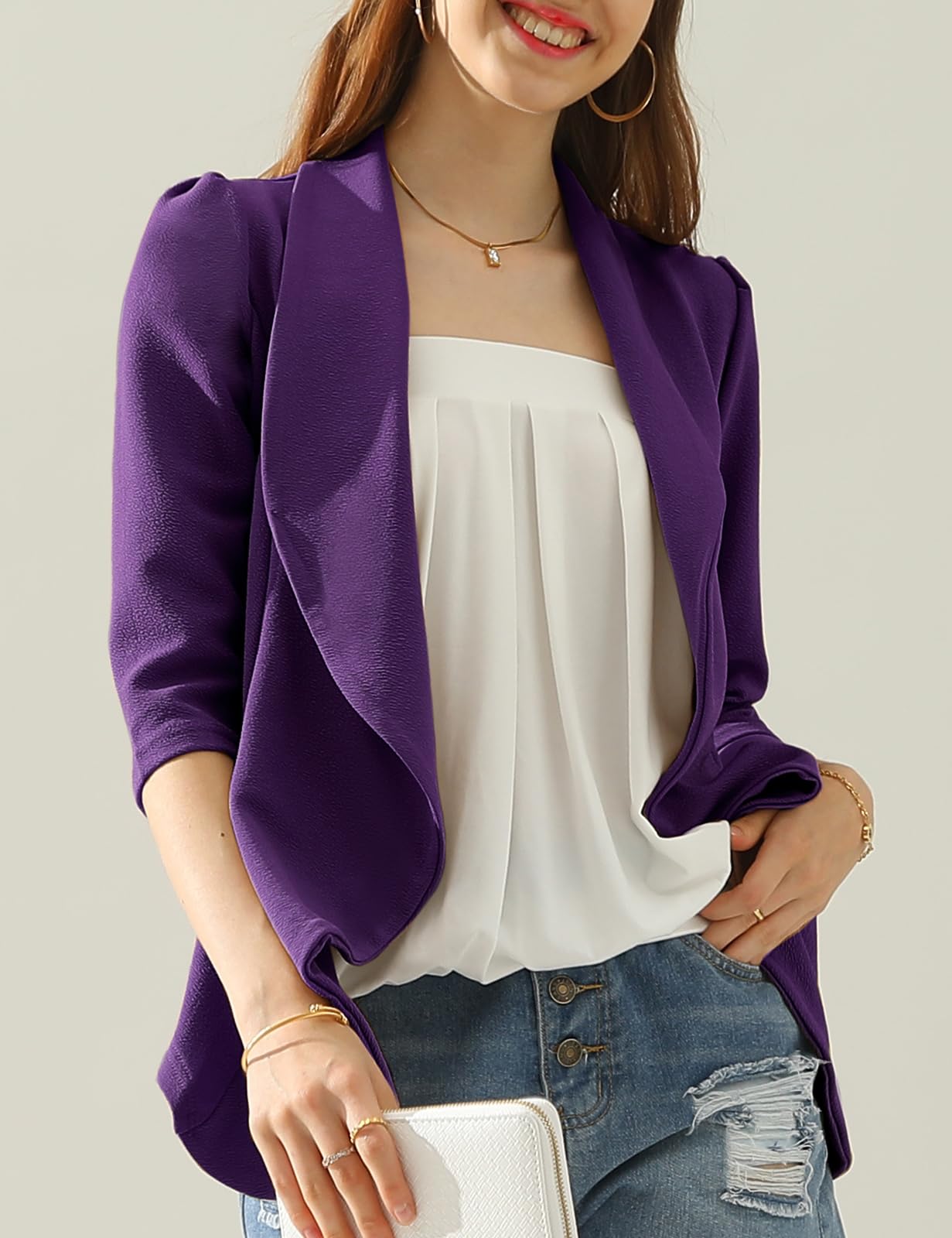 DOUBLJU Blazer léger et fin à manches 3/4 ouvert sur le devant - Veste déconstruite décontractée pour femme - Vêtements de grande taille 