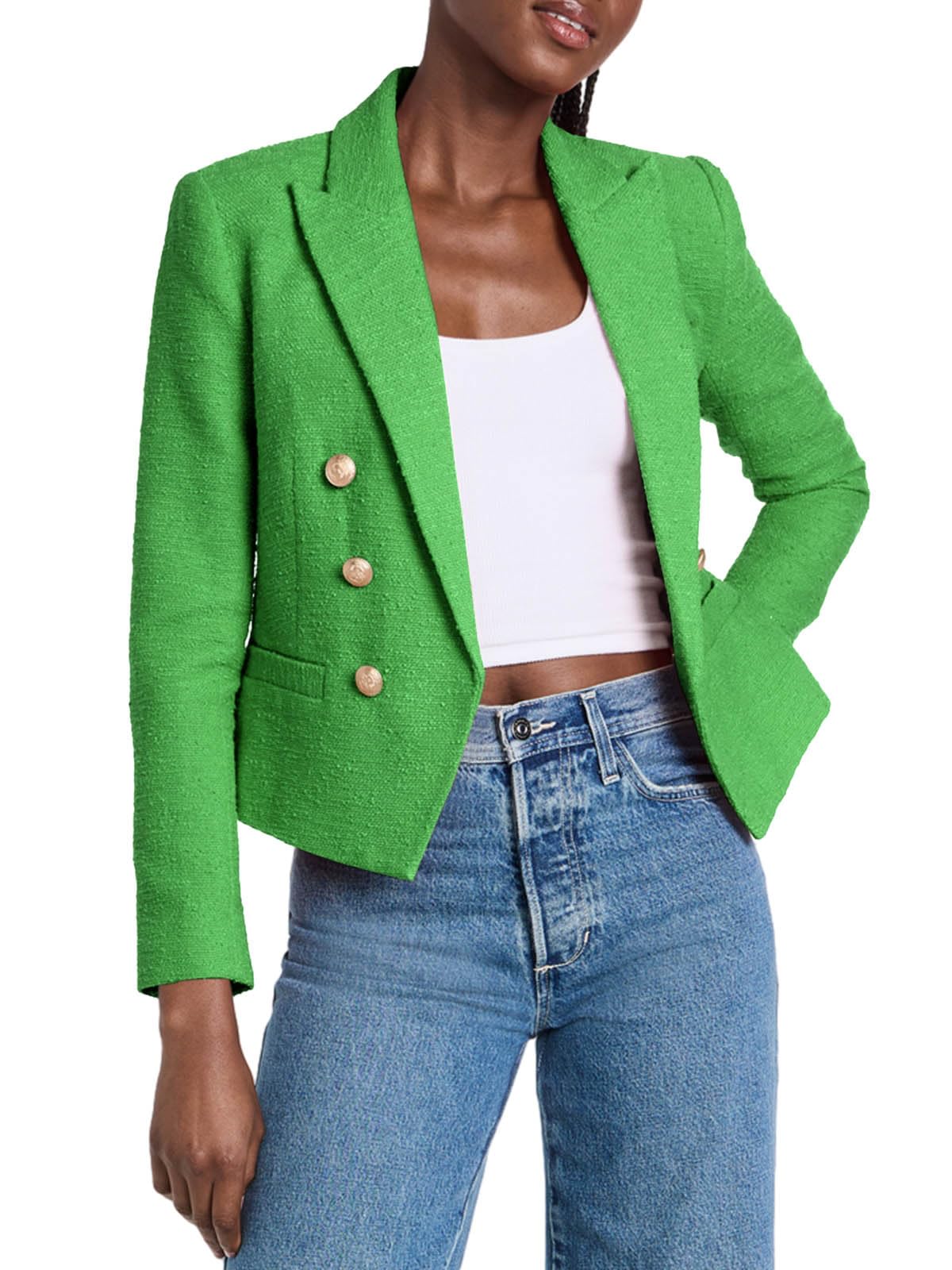 Cicy Bell Women Double Breasted Cropped Blazer Jackets Lapel Open Front Long Sleeve Business Suit Jackets with Pocket