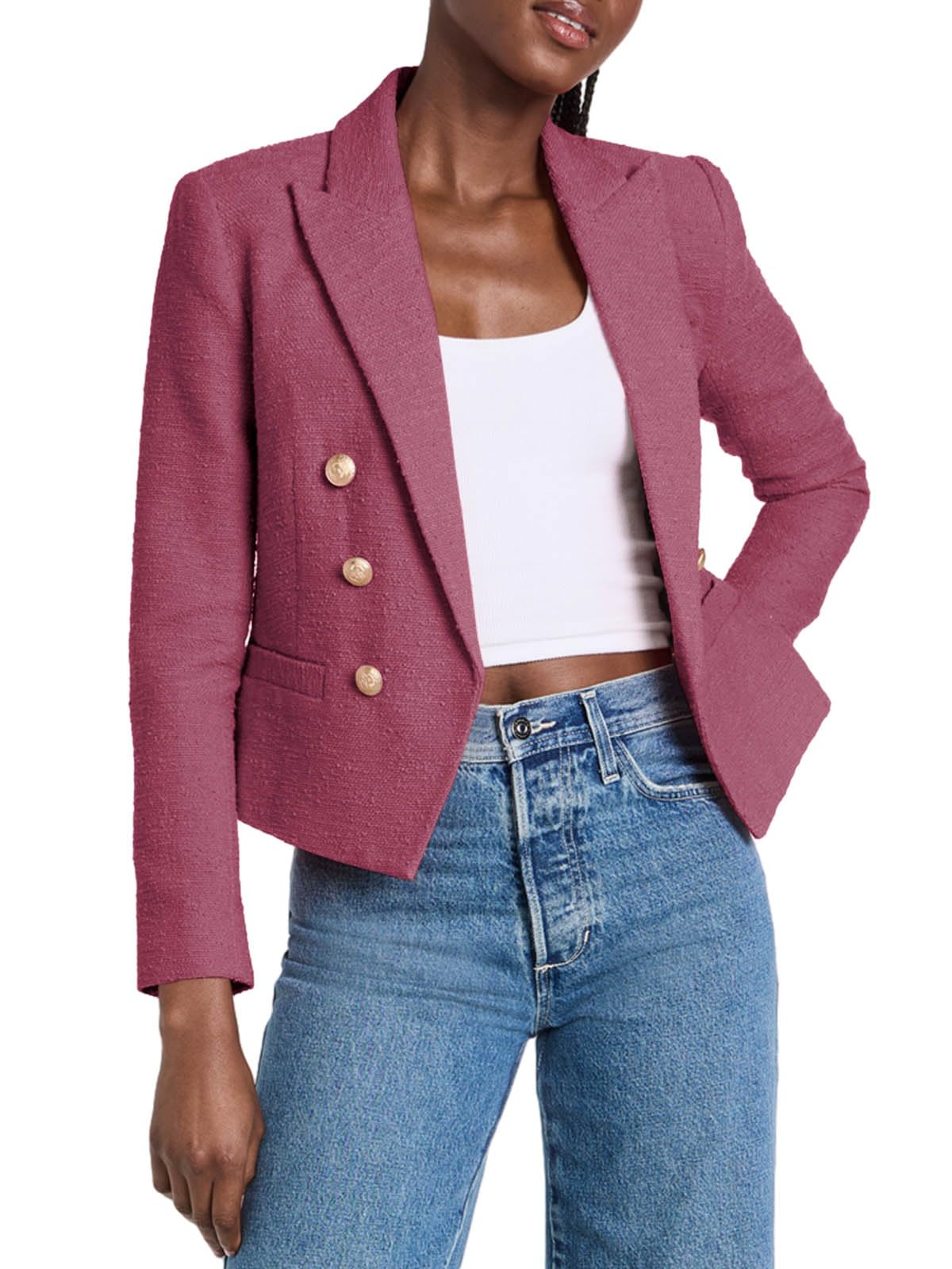 Cicy Bell Women Double Breasted Cropped Blazer Jackets Lapel Open Front Long Sleeve Business Suit Jackets with Pocket