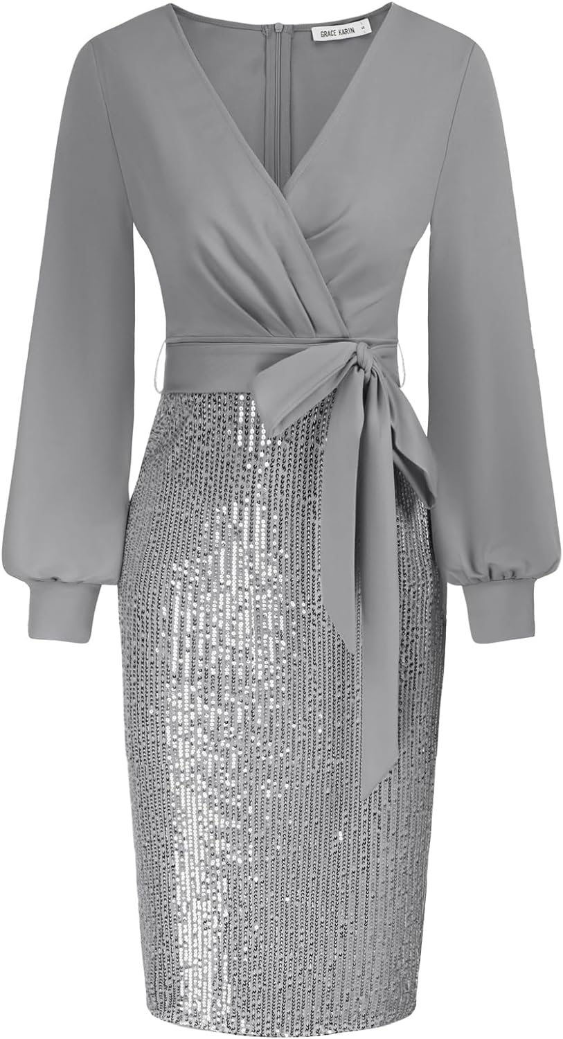 GRACE KARIN Women's Sequin Sparkly Party Dress Cocktail Bodycon Glitter Dresses Long Sleeve Xpress