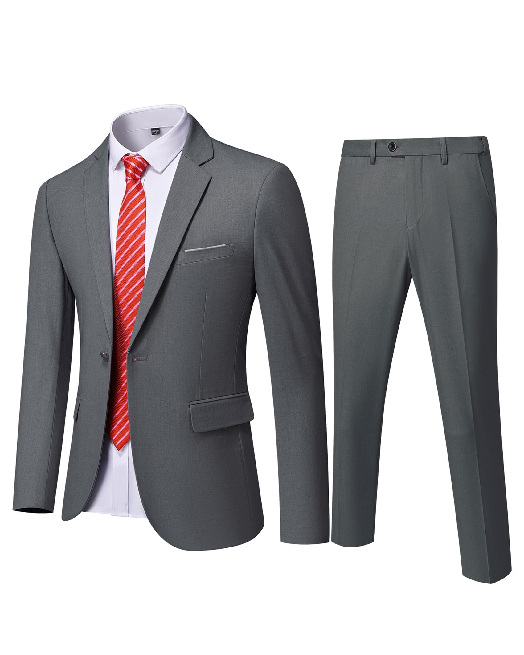 YND Men's Slim Fit 2 Piece Suit, One Button Solid Jacket Pants Set with Tie