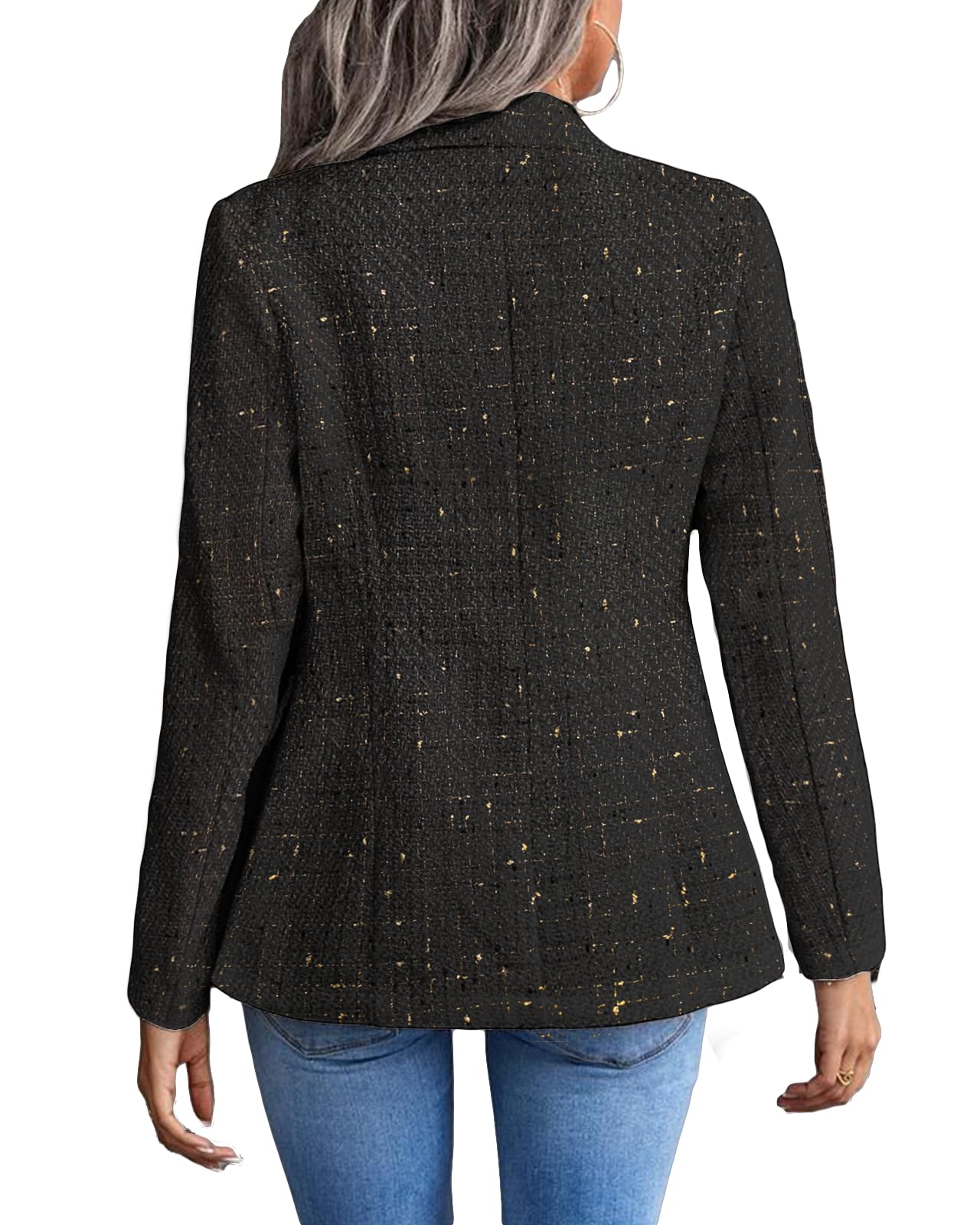 Womens Casual Blazer 2024 Spring Open Front Business Work Tweed Plaid Jacket Suit Pocket (S-XXL)