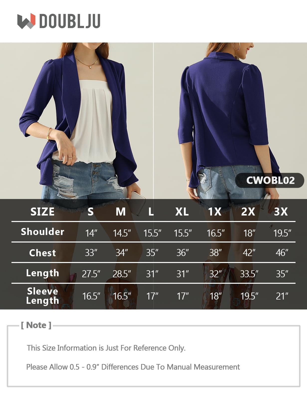 DOUBLJU Lightweight Thin 3/4 Sleeve Open Front Blazer Business Casual Deconstructed Jackets for Womens Clothes with Plus Size