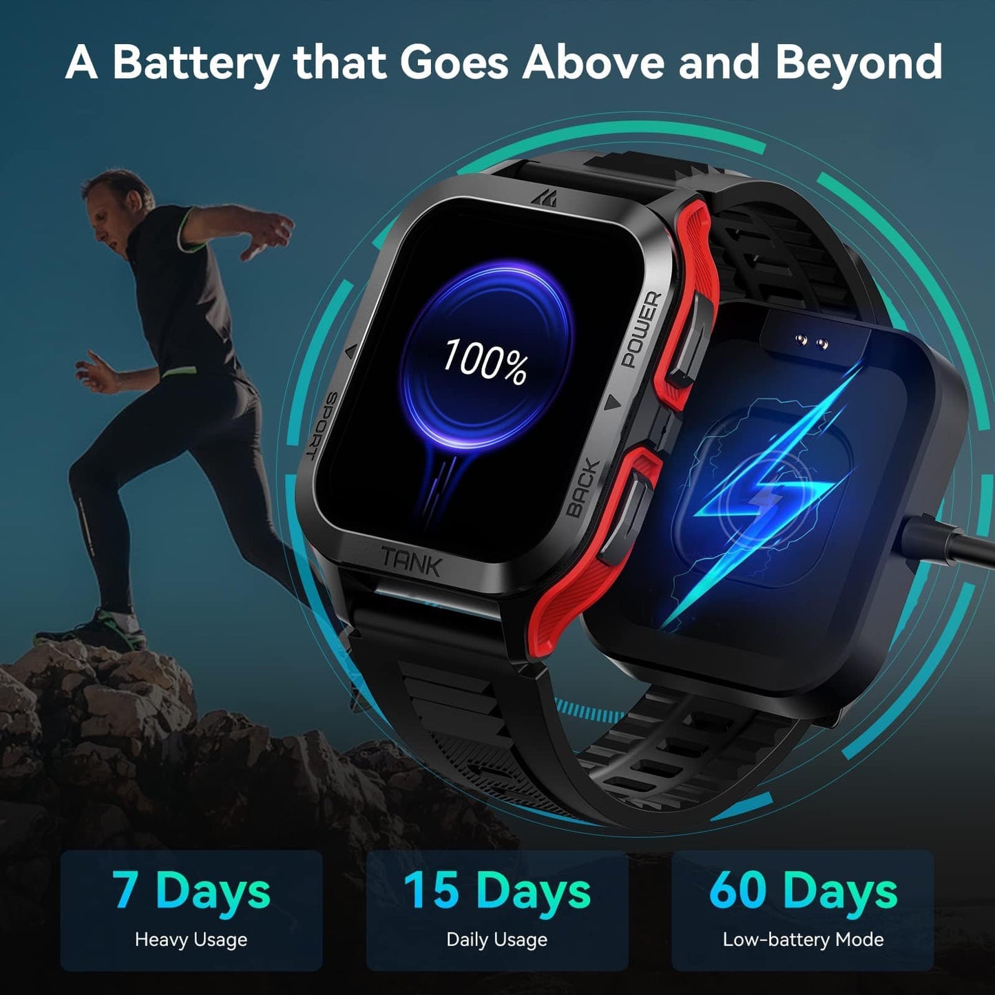 AMAZTIM Montre intelligente, batterie extra longue de 60 jours, étanche jusqu'à 50 m, appel Bluetooth militaire robuste (réponse/composition d'appels), écran HD ultra grand de 1,85", assistant vocal AI, compatible pour Android et iOS (rouge) 