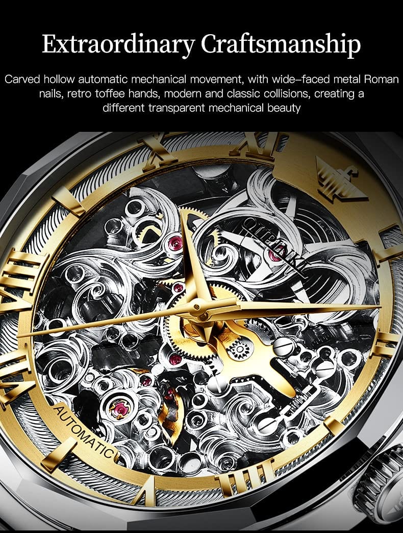 OUPINKE Men's Skeleton Mechanical Watches Luxury Dress Automatic Self Winding Sapphire Crystal Waterproof Tungsten Steel Band Wrist Watches