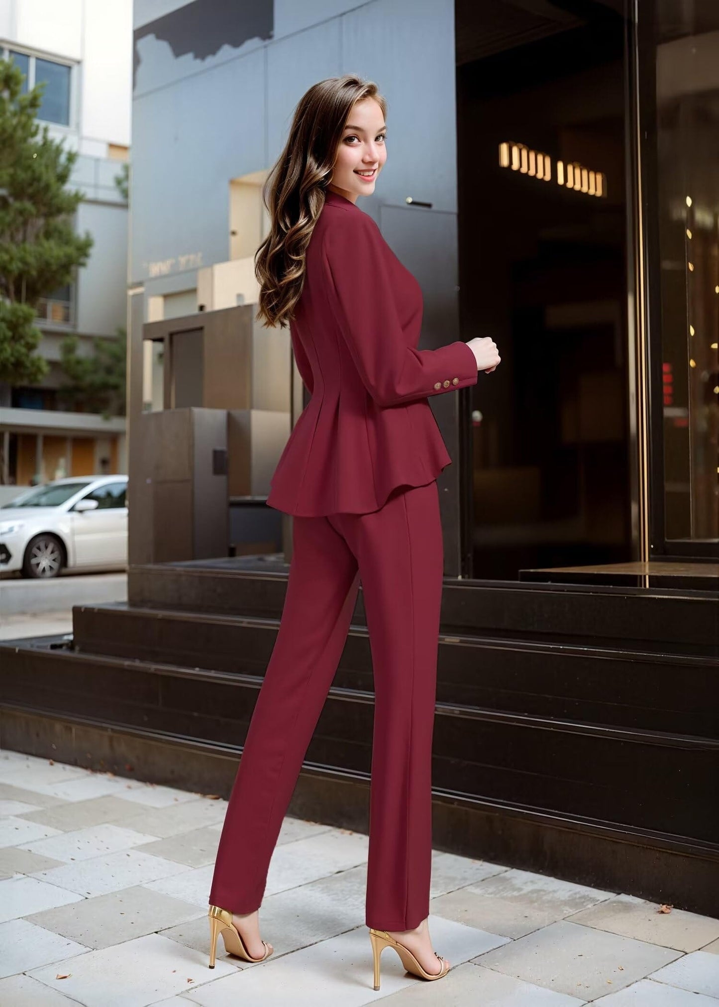 Hybrid & Company Women's Casual Work Office Dressy Double Notch Lapel Sharp Shoulder Pad Single Button Peplum Comfy Blazer