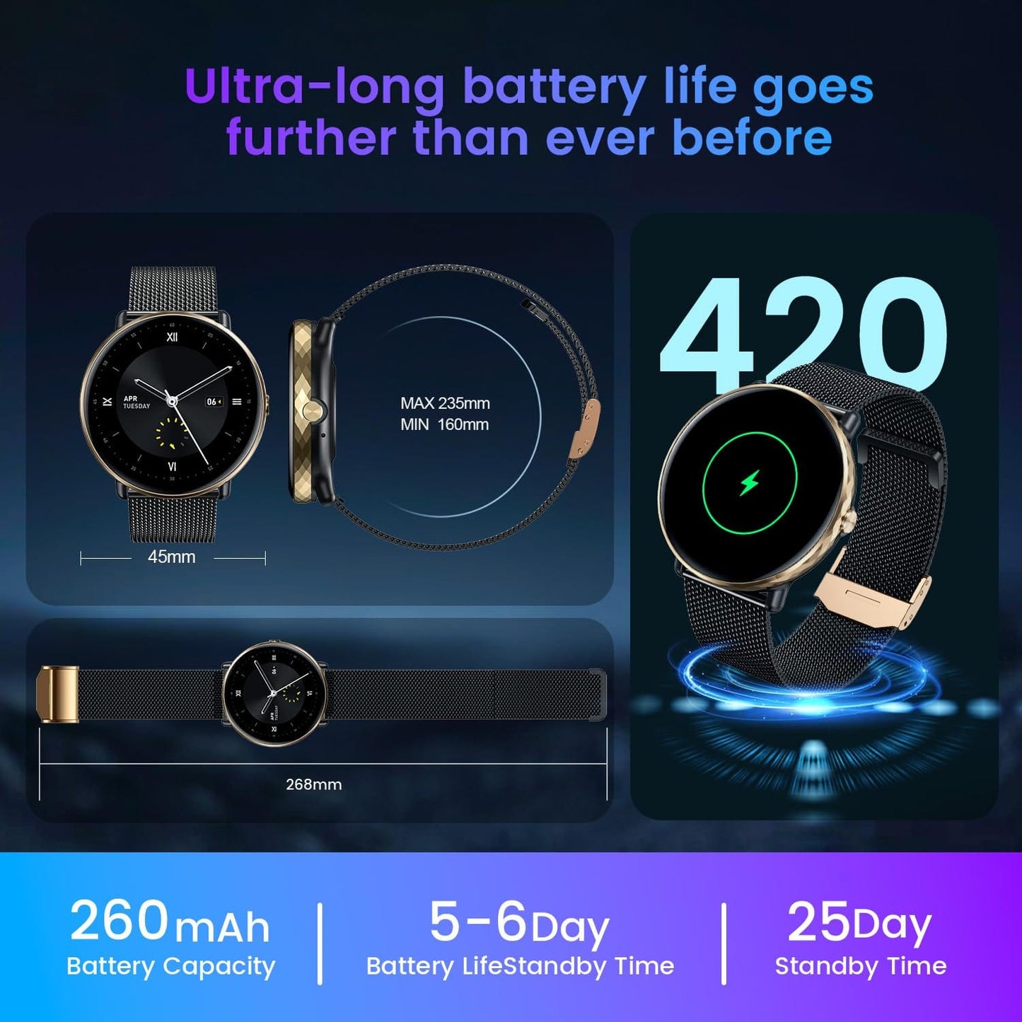 Montre intelligente pour hommes et femmes, téléphones Android iOS : montres intelligentes, tracker d'activité avec écran tactile AMOLED de 1,43", étanche, pression artérielle, fréquence cardiaque, pas automatique, minuteur de sport, alarme, podomètre. 