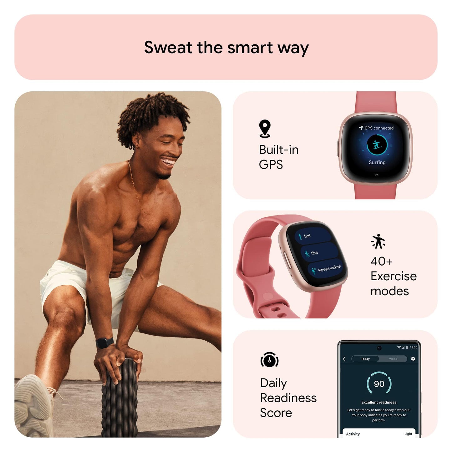 Reloj inteligente Fitbit Versa 4 Fitness con preparación diaria, GPS, frecuencia cardíaca 24 horas al día, 7 días a la semana, más de 40 modos de ejercicio, seguimiento del sueño y más, rosa arena/rosa cobre, talla única (bandas S y L incluidas) 