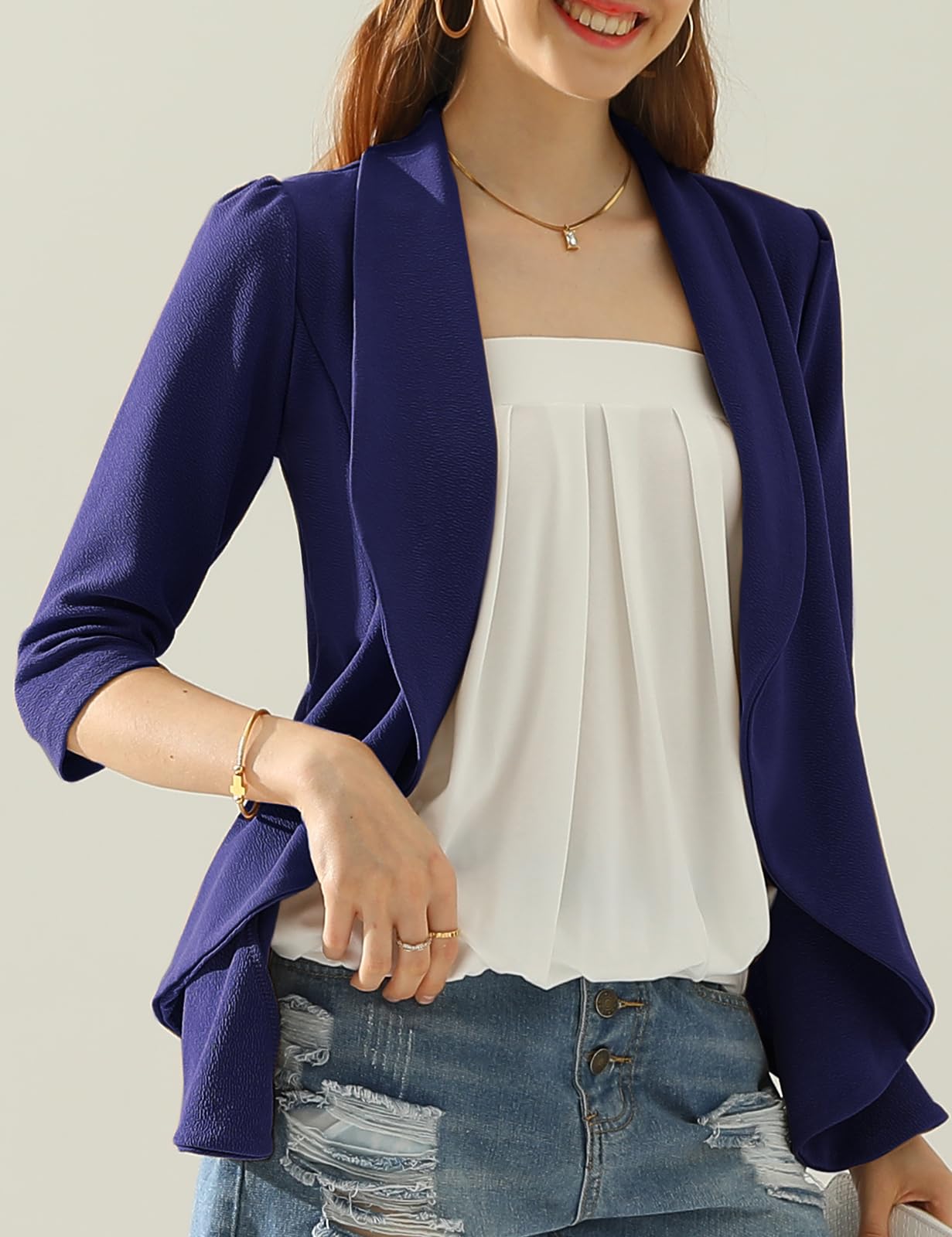 DOUBLJU Blazer léger et fin à manches 3/4 ouvert sur le devant - Veste déconstruite décontractée pour femme - Vêtements de grande taille 