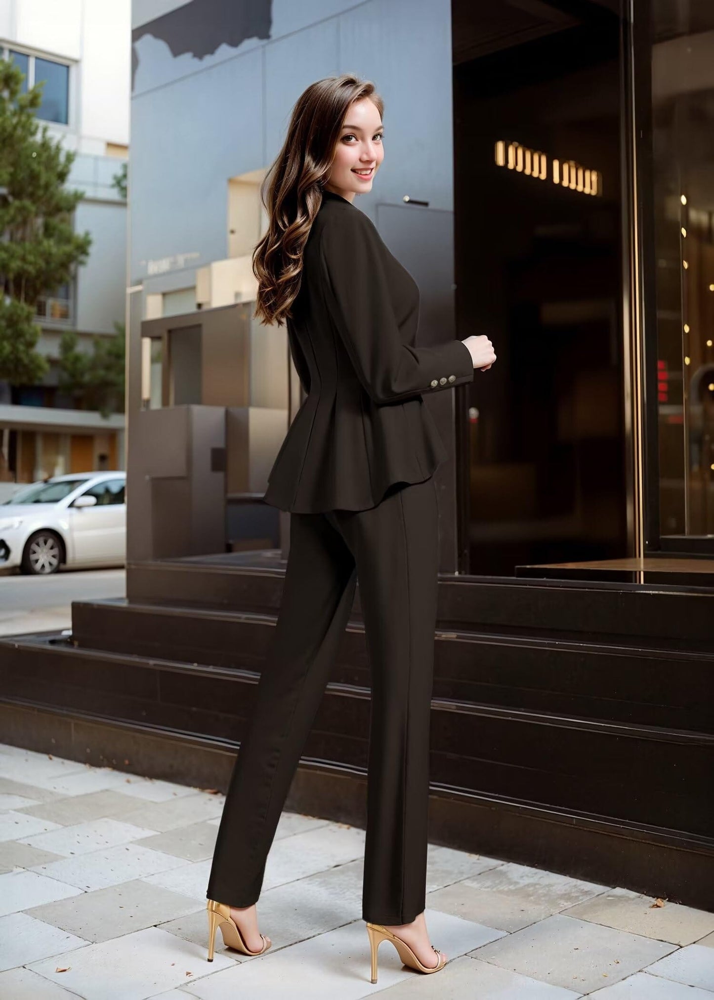 Hybrid & Company Women's Casual Work Office Dressy Double Notch Lapel Sharp Shoulder Pad Single Button Peplum Comfy Blazer