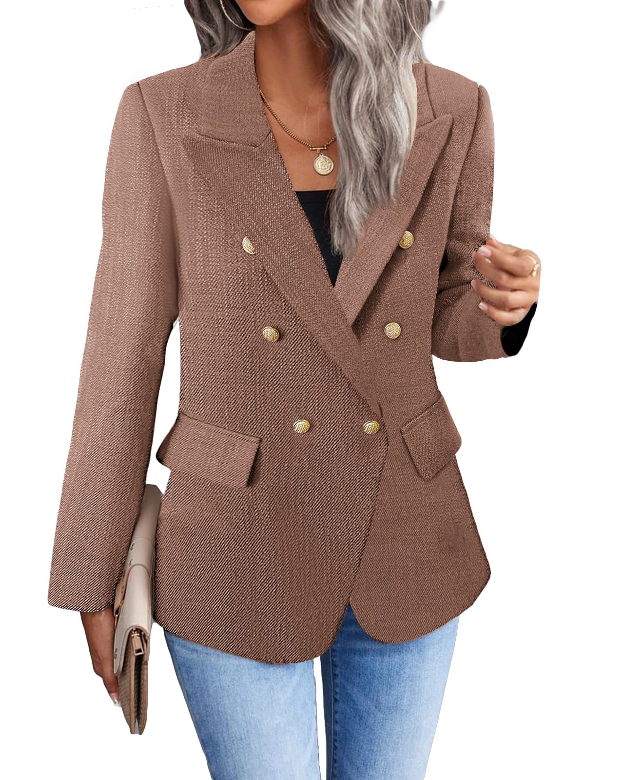 Womens Casual Blazer 2024 Spring Open Front Business Work Tweed Plaid Jacket Suit Pocket (S-XXL)