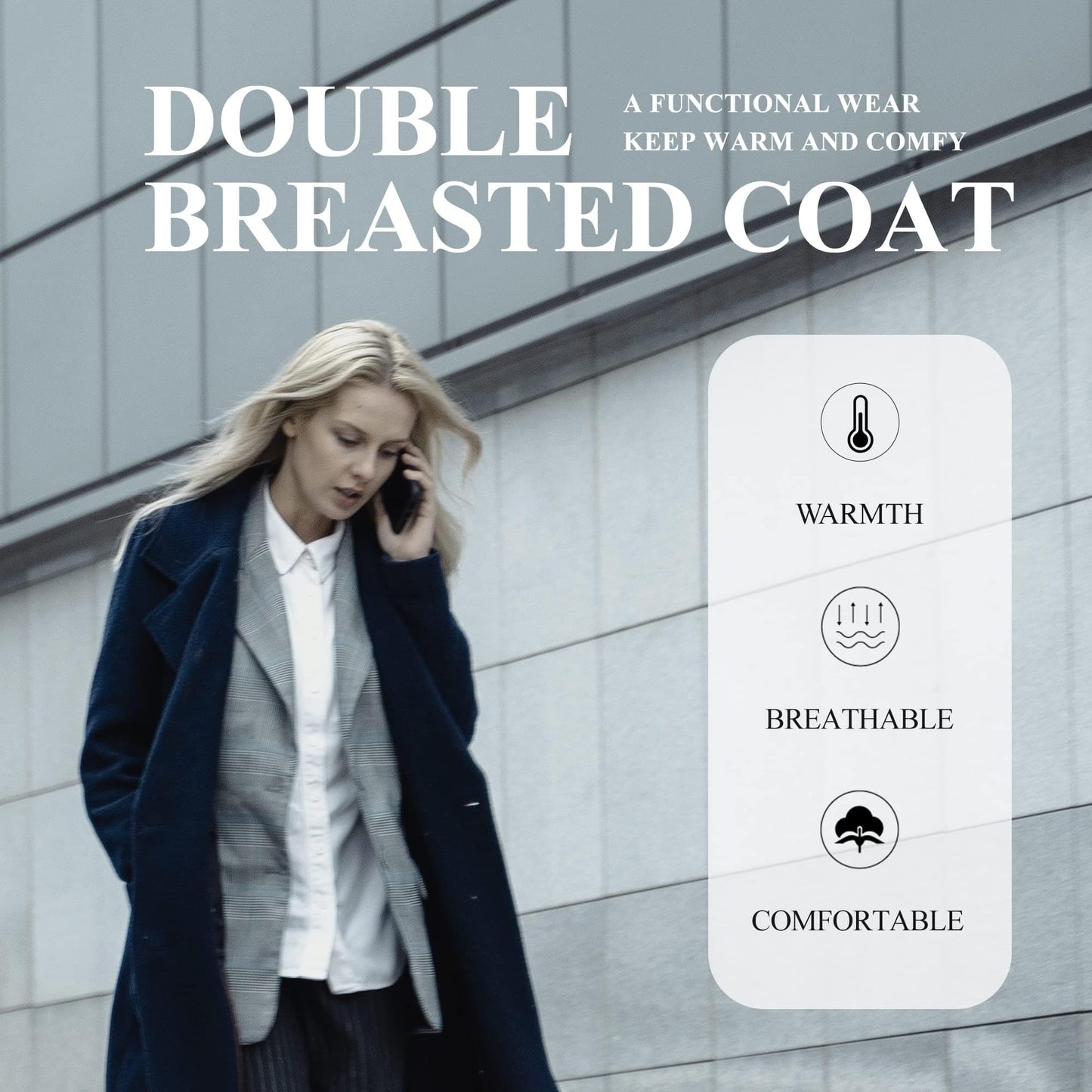 GGleaf Women's Classic Double Breasted Pea Coat Winter Mid-Long Slim Trench Coat with Belt