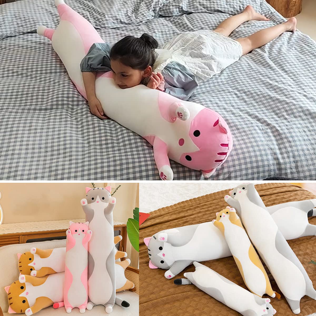 Giant Cat Pillow Plush Cartoon Kitty Sleeping Hugging Pillow, Cuddly Soft Long Kitten Body Pillow Doll Cat Cushion Toy for Kids Girlfriend (Pink, 110cm/43.3inch)