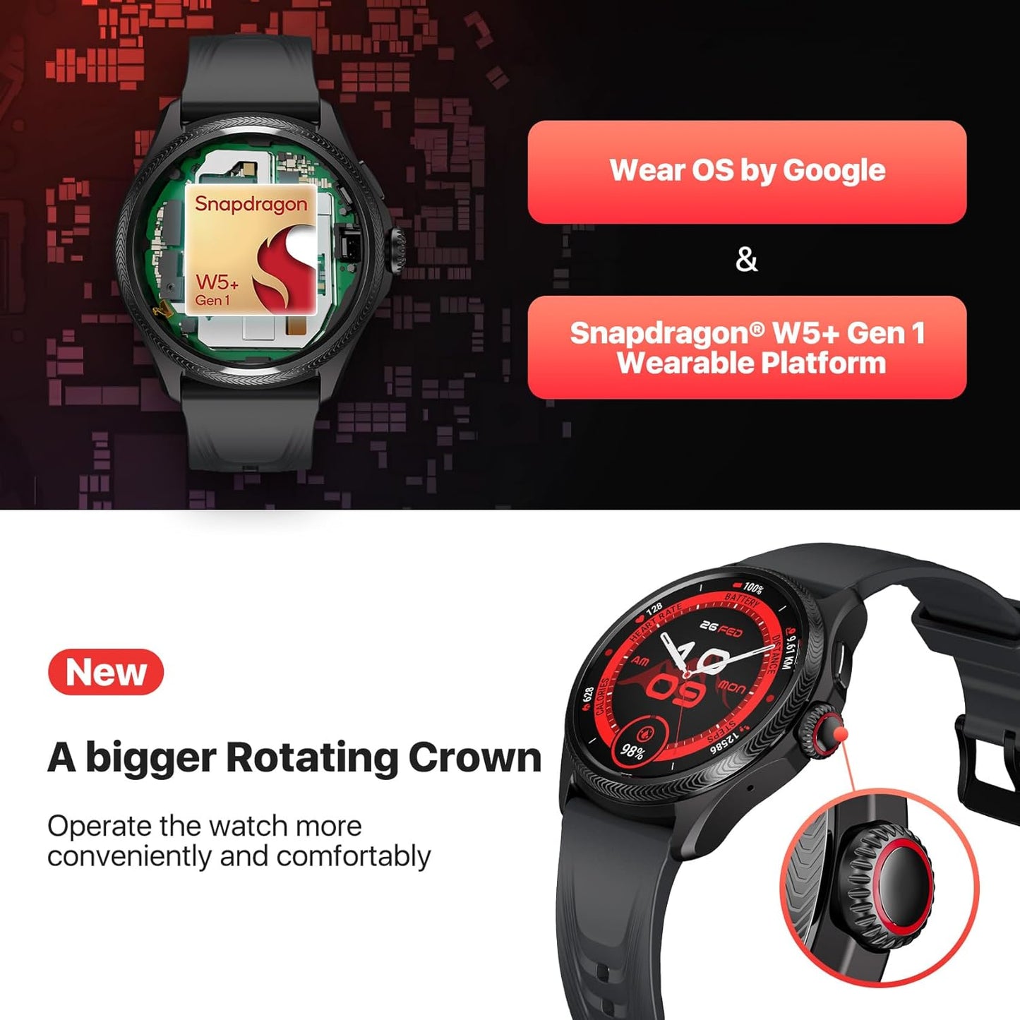 Ticwatch Pro 5 Enduro Smartwatch para hombres 1.43 "Android Wear OS Reloj inteligente 90 horas de batería 110+ modos de entrenamiento 7/24 Ritmo cardíaco Salud Rastreador de ejercicios al aire libre 5ATM GPS Brújula Solo compatible con Android 