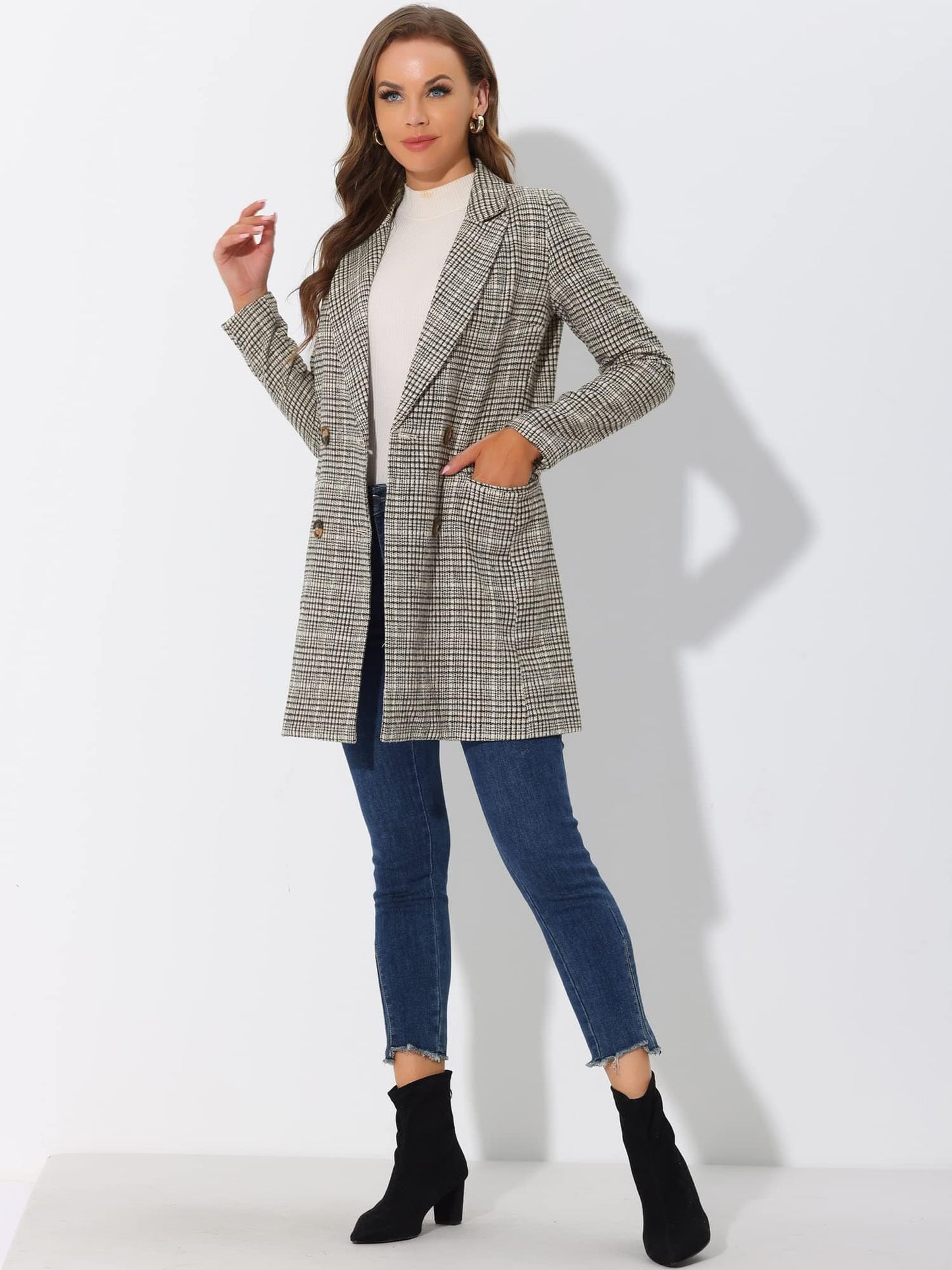 Allegra K Women's Double Breasted Notched Lapel Plaid Trench Blazer Coat