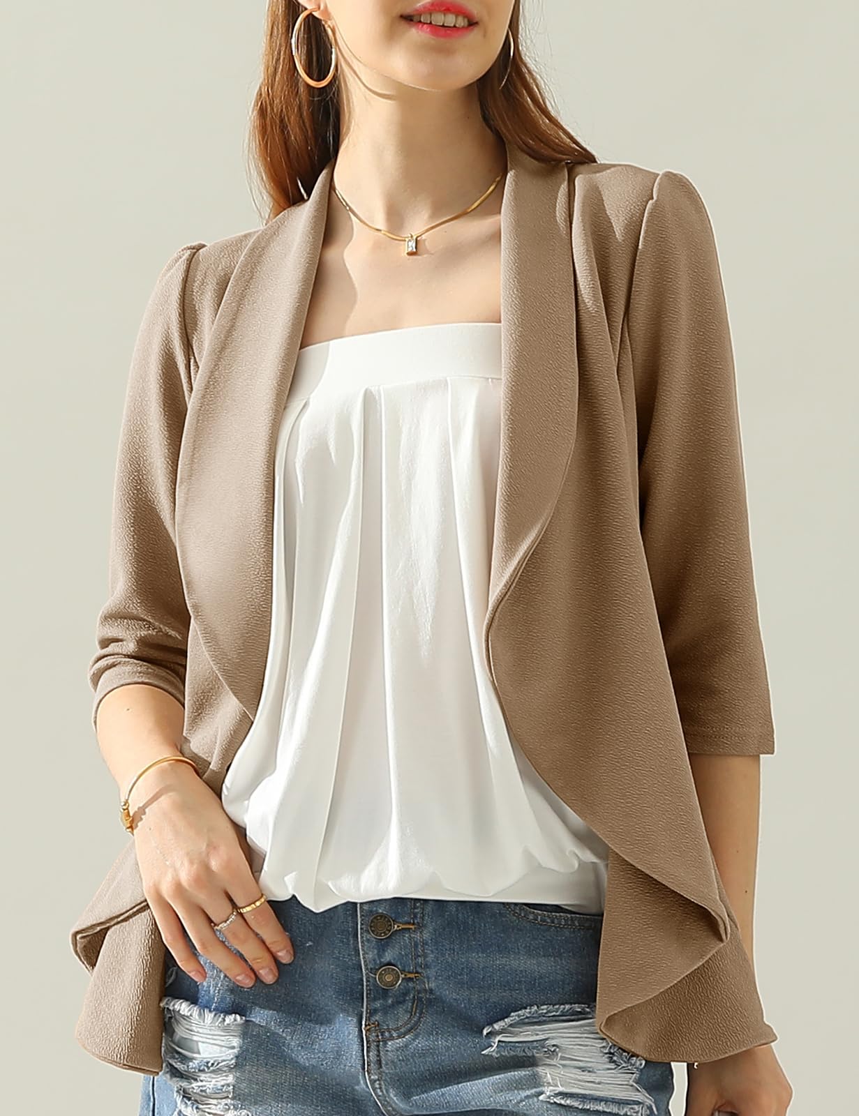 DOUBLJU Blazer léger et fin à manches 3/4 ouvert sur le devant - Veste déconstruite décontractée pour femme - Vêtements de grande taille 