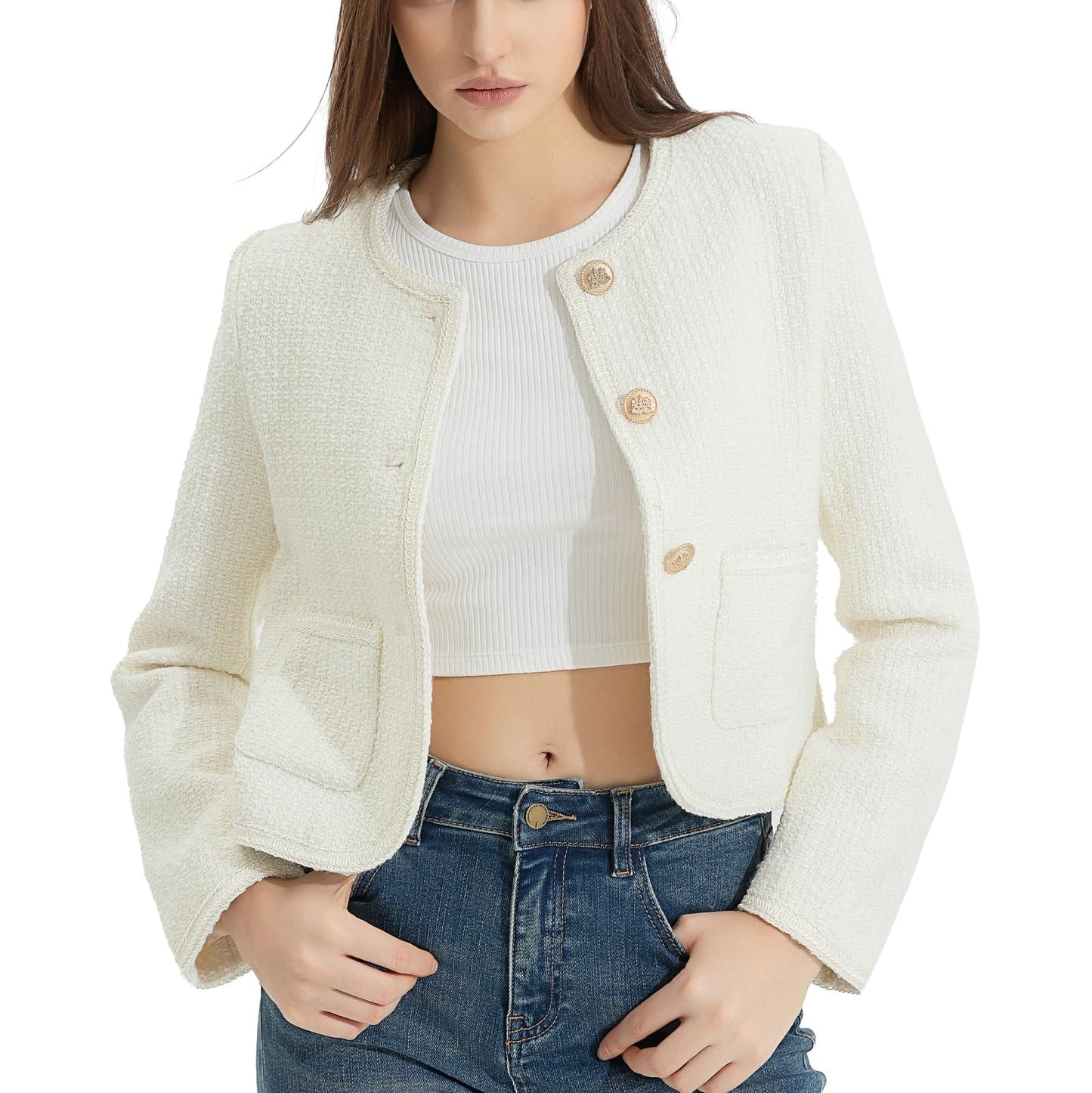 URBAN REVIVO Veste blazer décontractée en tweed pour femme - Courte - Ouverte sur le devant - Bouton doré - Pour le bureau 