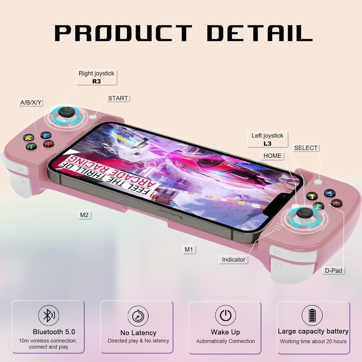 Megadream Manette de jeu mobile pour iPhone iOS Android PC : fonctionne avec iPhone 15/14/13/12/11/X, iPad, Samsung Galaxy, TCL, tablette, Call of Duty, Black Desert Mobile – Jouez directement (gris) 