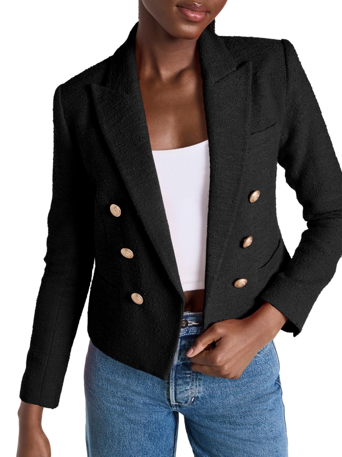 Cicy Bell Women Double Breasted Cropped Blazer Jackets Lapel Open Front Long Sleeve Business Suit Jackets with Pocket