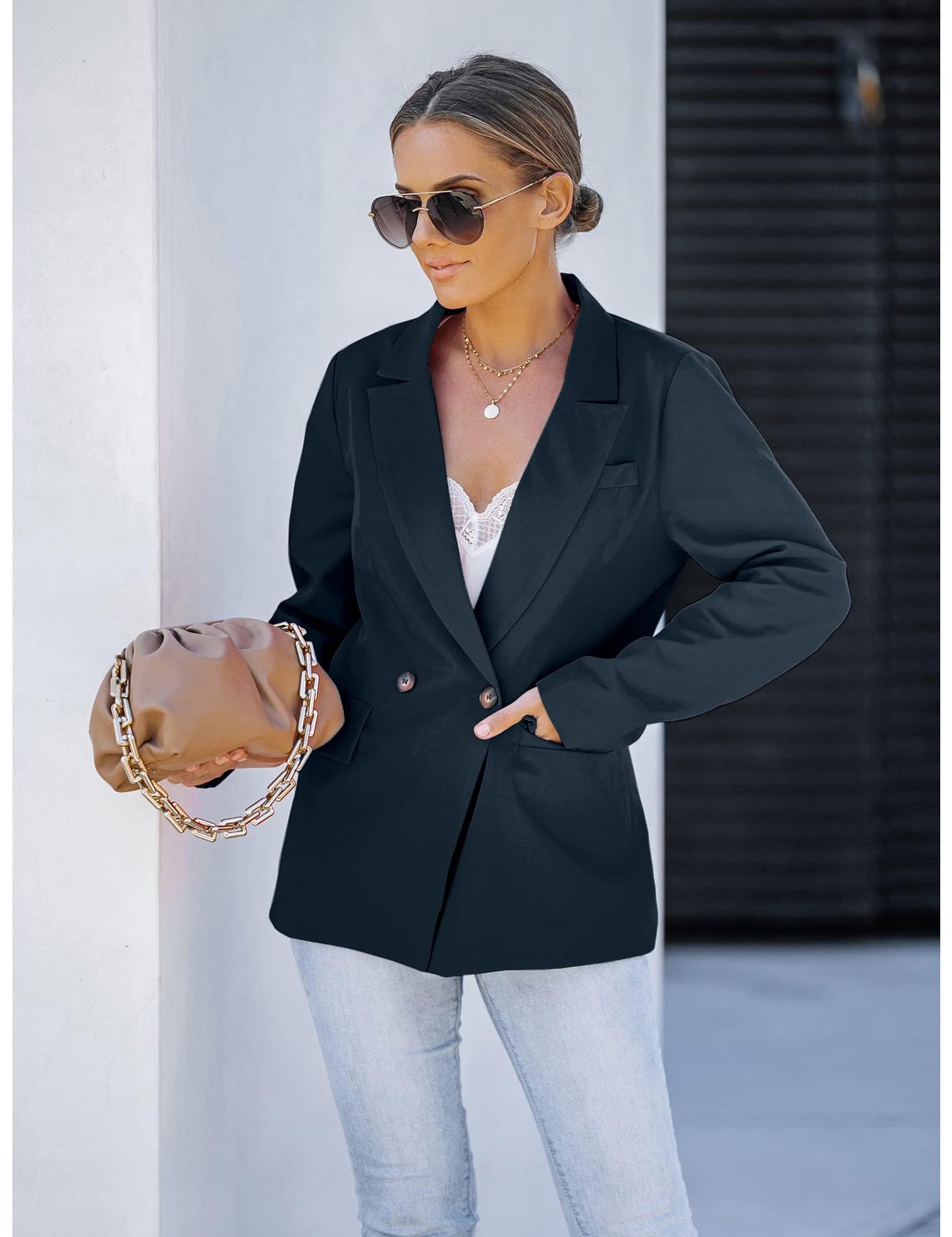 luvamia Blazer Chaquetas para mujer Trabajo Casual Oficina Manga Larga Moda Elegante Trajes de Negocios 