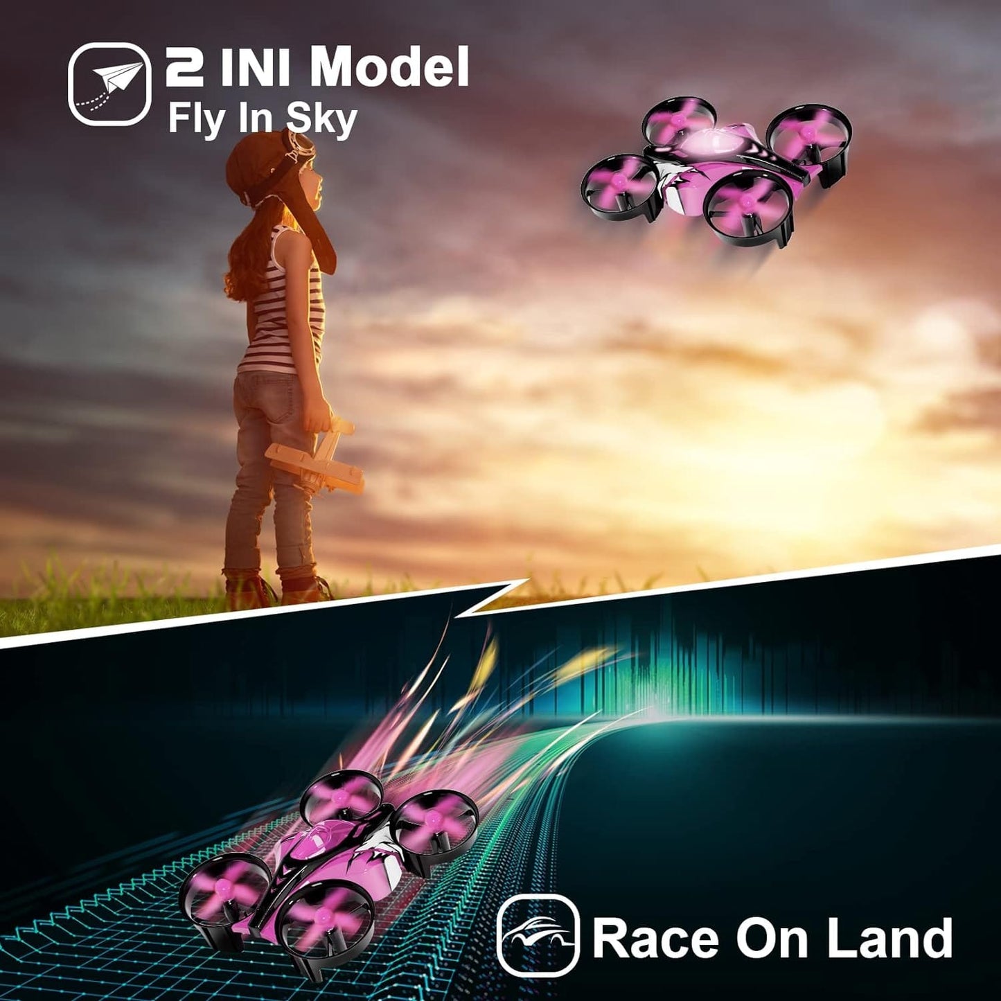 Mini drones 2 en 1 pour enfants, drone télécommandé avec mode terrestre ou mode vol, lumières LED, vol stationnaire automatique, retournement 3D, mode sans tête et 2 piles, jouets cadeaux pour garçons et filles (rose port) 