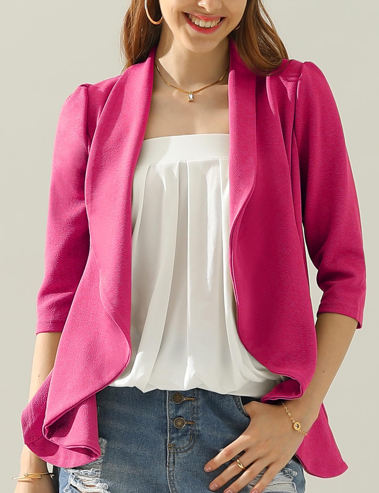 DOUBLJU Blazer léger et fin à manches 3/4 ouvert sur le devant - Veste déconstruite décontractée pour femme - Vêtements de grande taille 