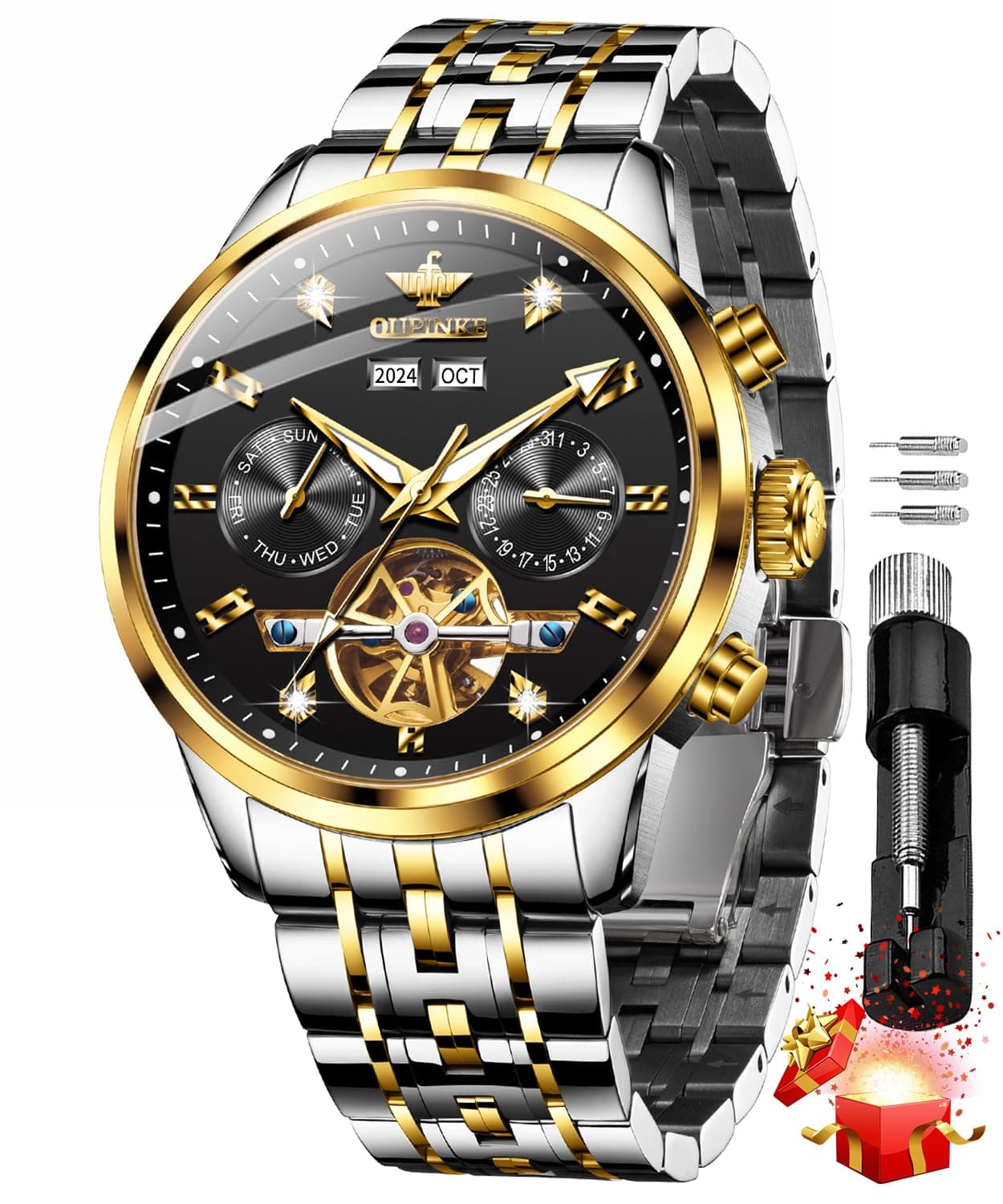 OUPINKE Mens Automatic Watches Diamond Luxury Dress Self Winding Mechanical Waterproof Tungsten Steel Dual Date Wrist Watch