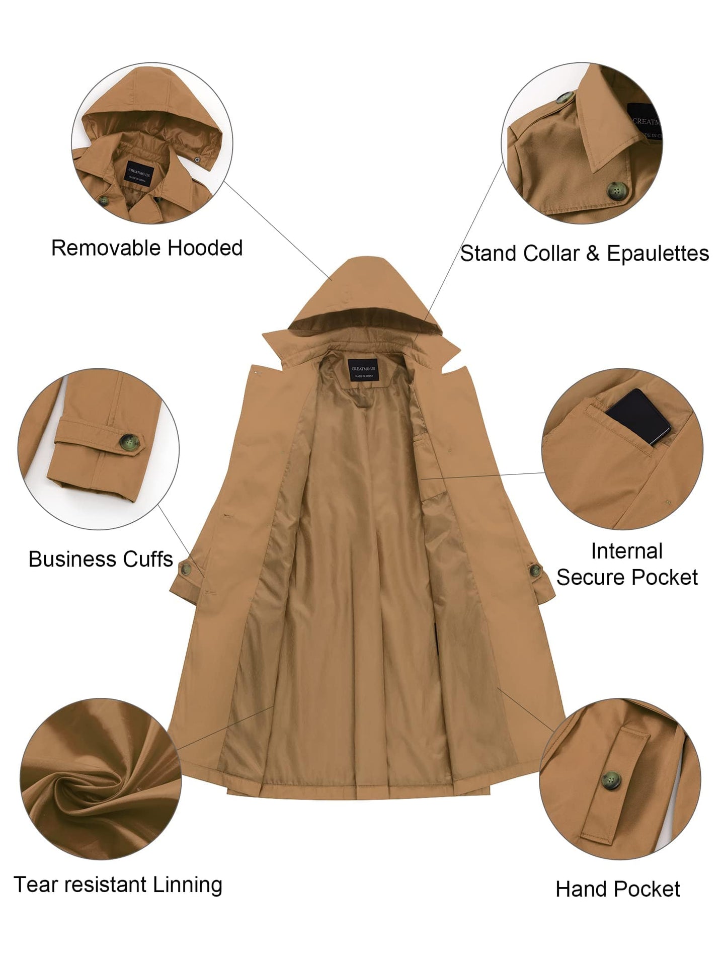 CREATMO US Trench Long Femme Double Boutonnage Classique Revers Pardessus Ceinturé Mince Manteau d'extérieur avec Capuche Amovible