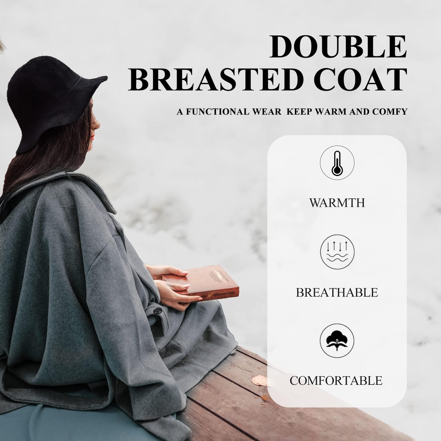 GGleaf Women's Classic Double Breasted Pea Coat Winter Mid-Long Slim Trench Coat with Belt