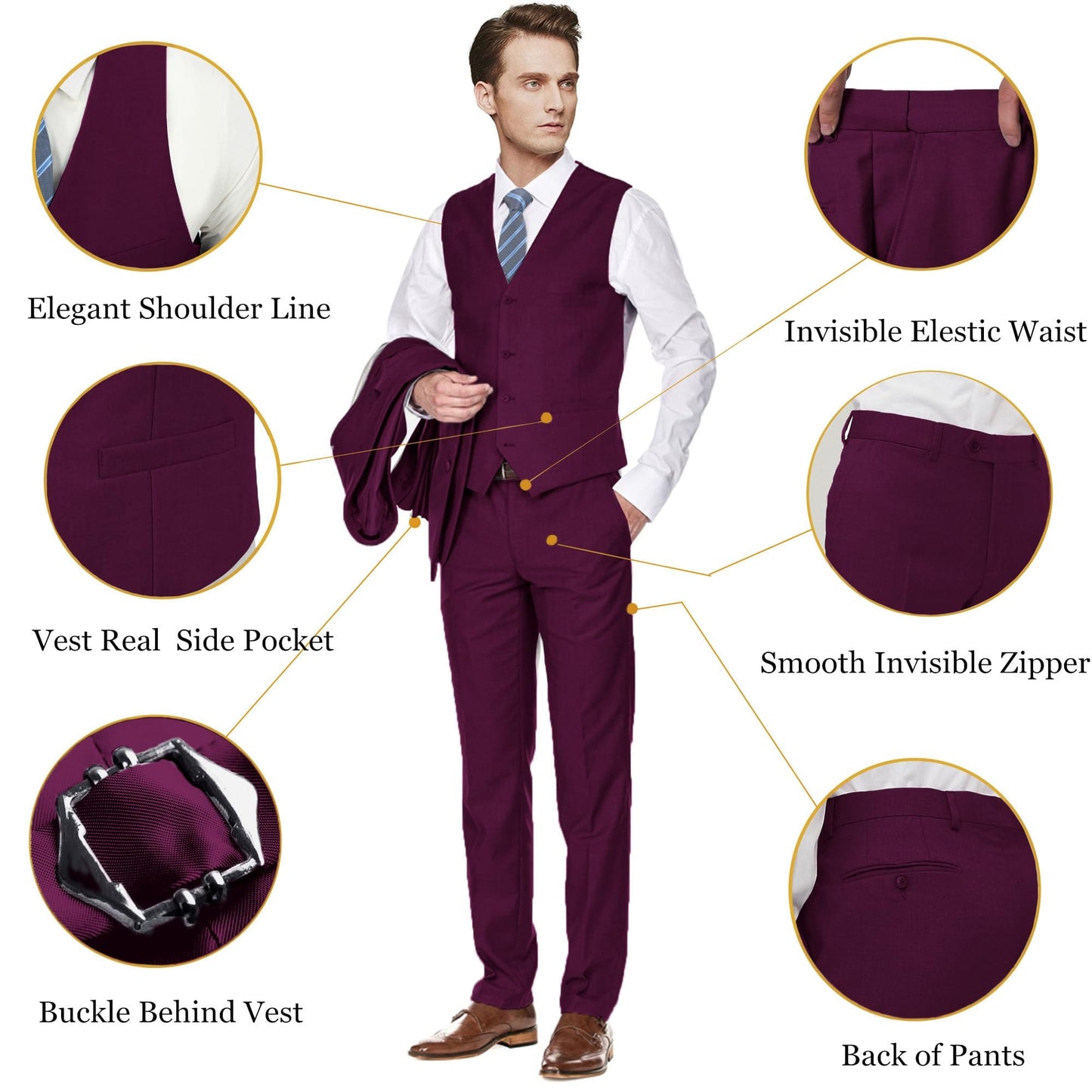 Men's Slim Fit 3 Piece Suit Two Button Business Wedding Dress Tux Suit Set Jacket Vest Pants with Tie