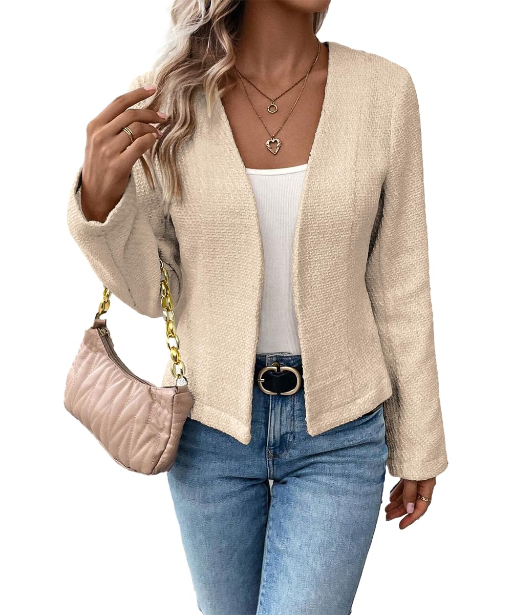 Mina Self 2024 Summer Cropped Collarless Blazer Lightweight Fully Lined Open Front Elegant Petite Work Office Jackets