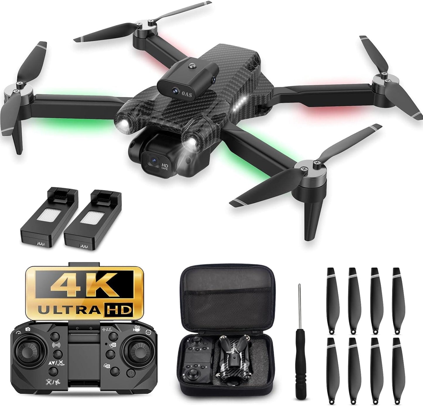 Drone RC MSMV pour enfants et adultes avec caméra HD FPV, évitement d'obstacles, démarrage à une touche, étui de transport, 2 piles – Jouets cool, cadeaux pour garçons et filles 